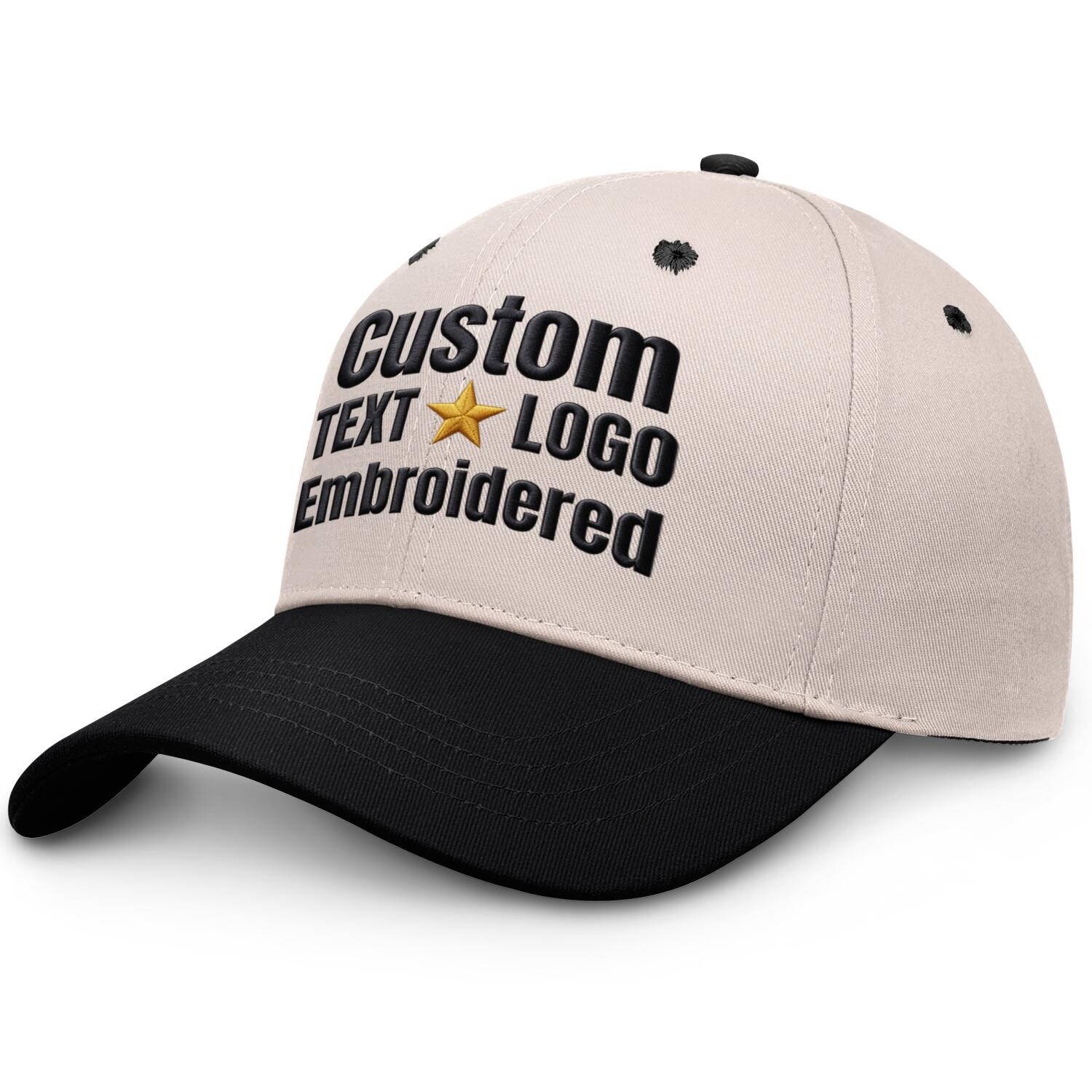 Custom Embroidered or Printed Cream & Black Color Block Baseball Cap | Personalized Sport Hat