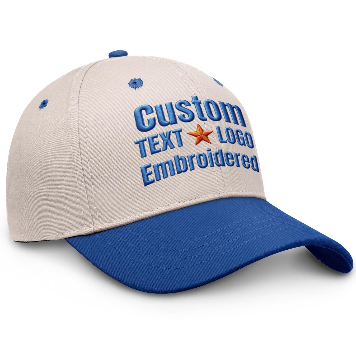 Custom Embroidered or Printed Cream & Blue Color Block Baseball Cap | Personalized Sport Hat