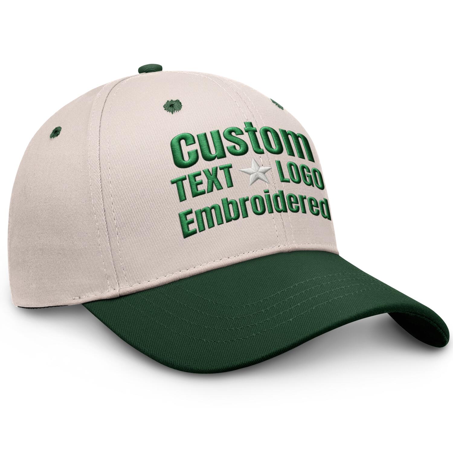 Custom Embroidered or Printed Cream & Forest Green Color Block Baseball Cap | Personalized Sport Hat
