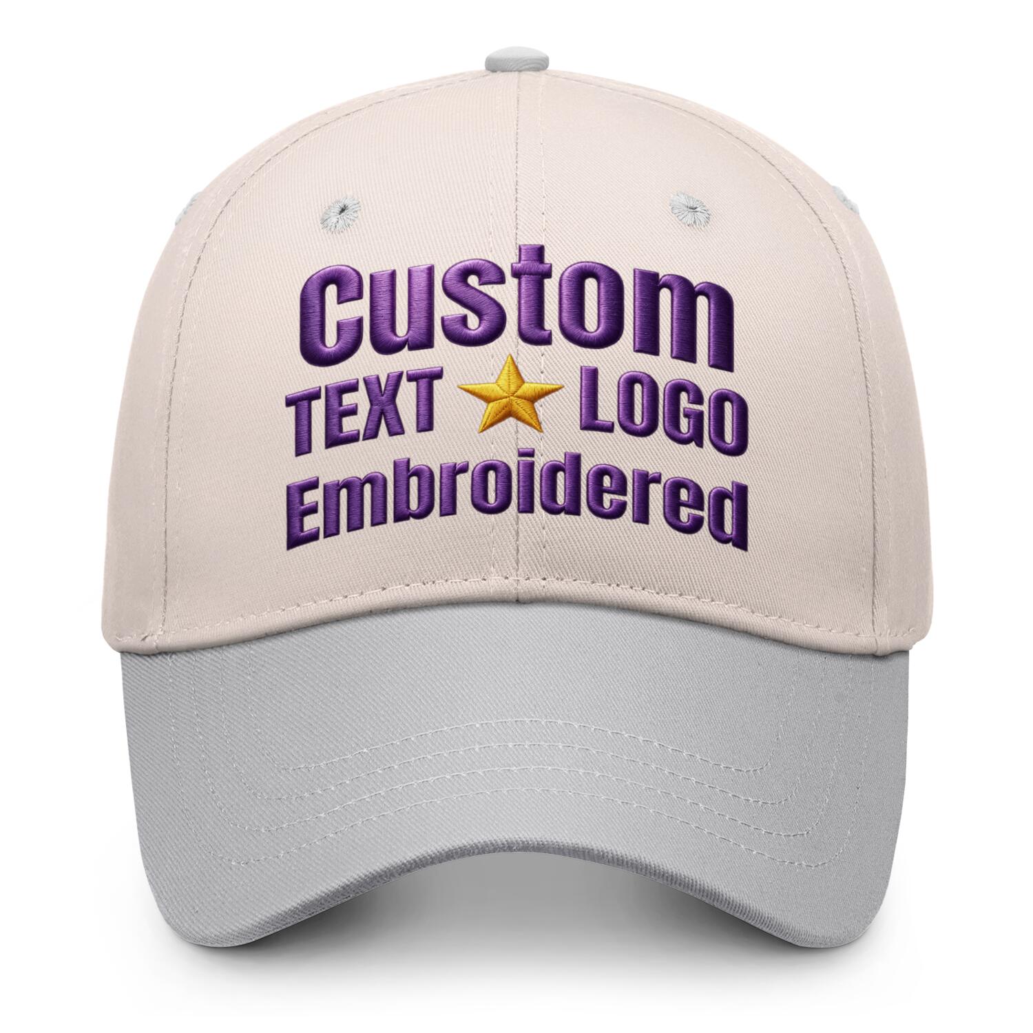 Custom embroidered or printed cream & grey color block baseball cap by Vosoli | Personalized text & logo | Structured fit