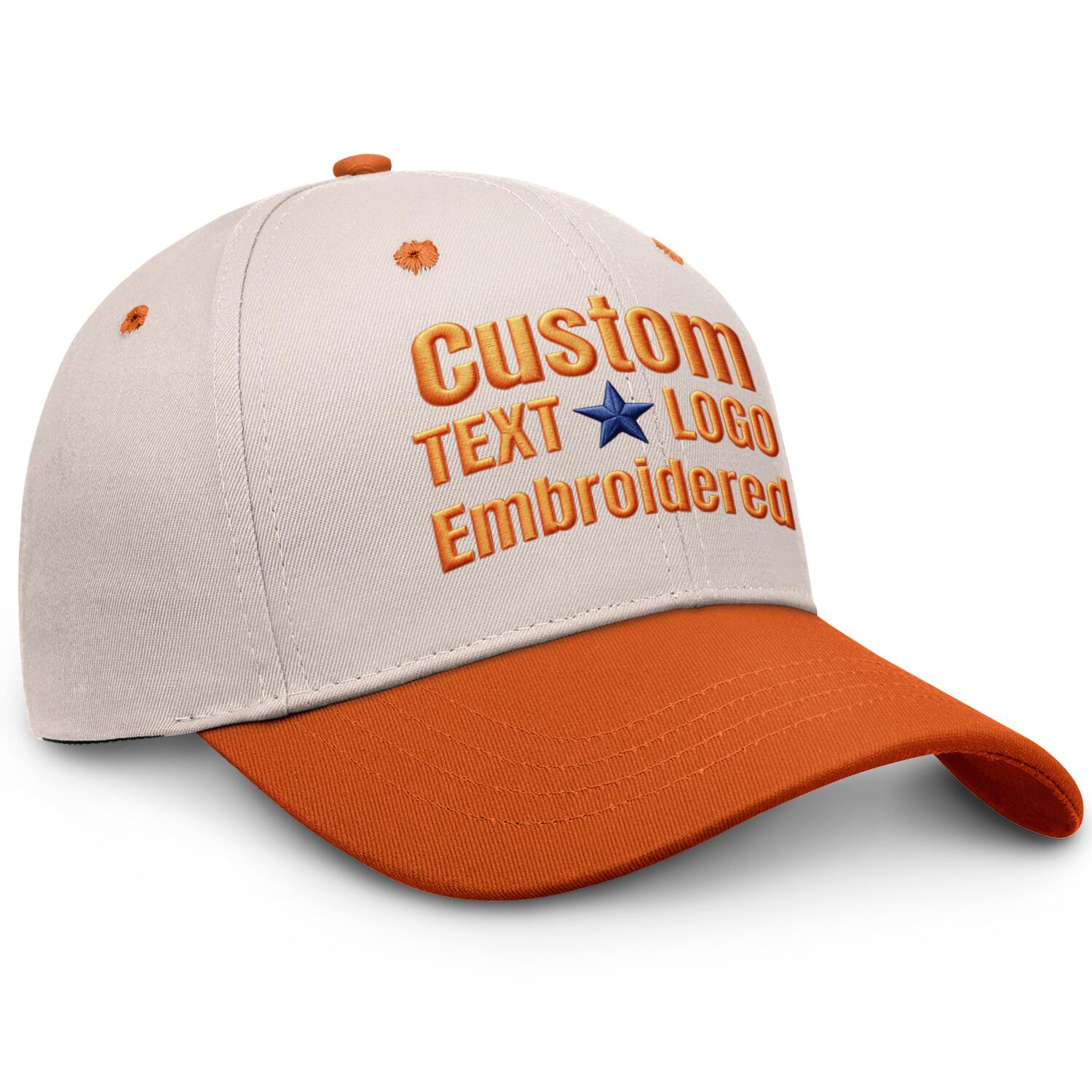 Custom Embroidered or Printed Cream & Orange Color Block Baseball Cap | Personalized Sport Hat