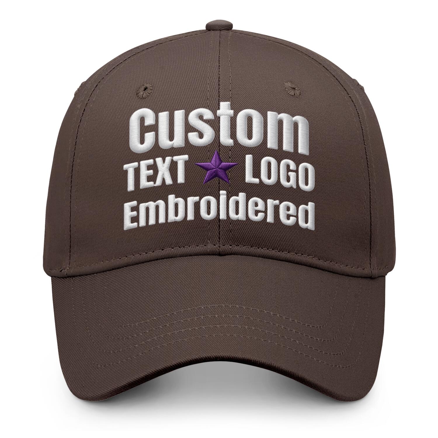 Custom embroidered or printed deep brown baseball cap by Vosoli | Personalized text & logo | Structured fit