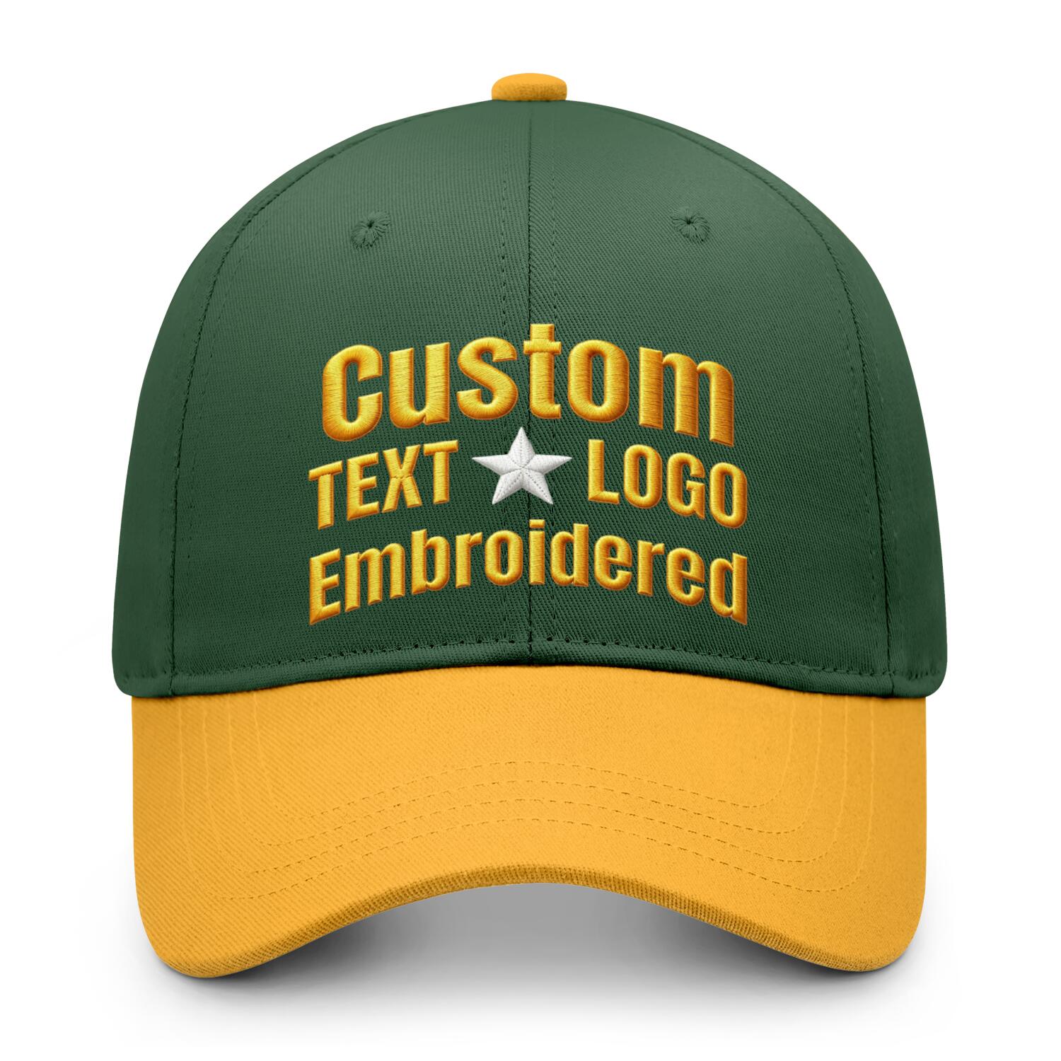 Custom embroidered or printed forest green & gold color block baseball cap by Vosoli | Personalized text & logo | Structured fit