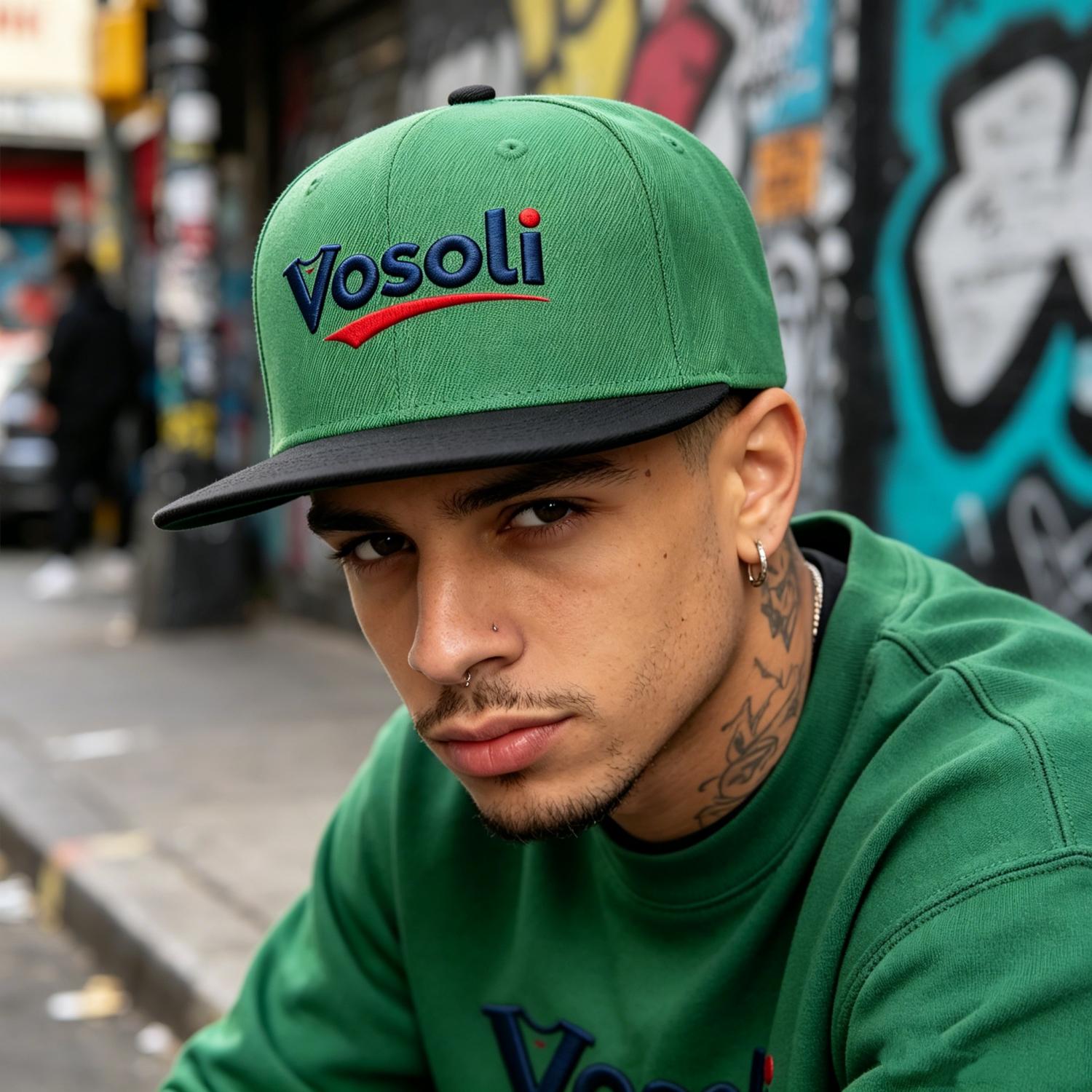 Custom Embroidered or Printed Green & Black Color-Block Flat-Brim Cap