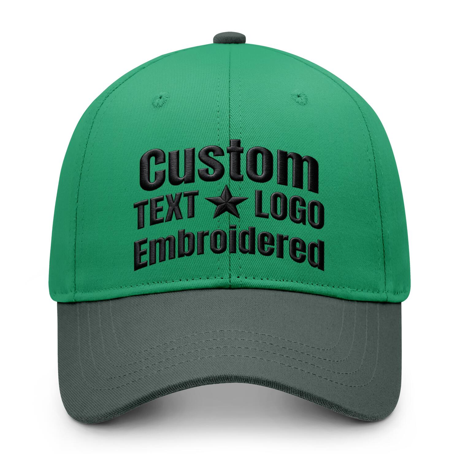 Custom embroidered or printed green & grey color block baseball cap by Vosoli | Personalized text & logo | Structured fit