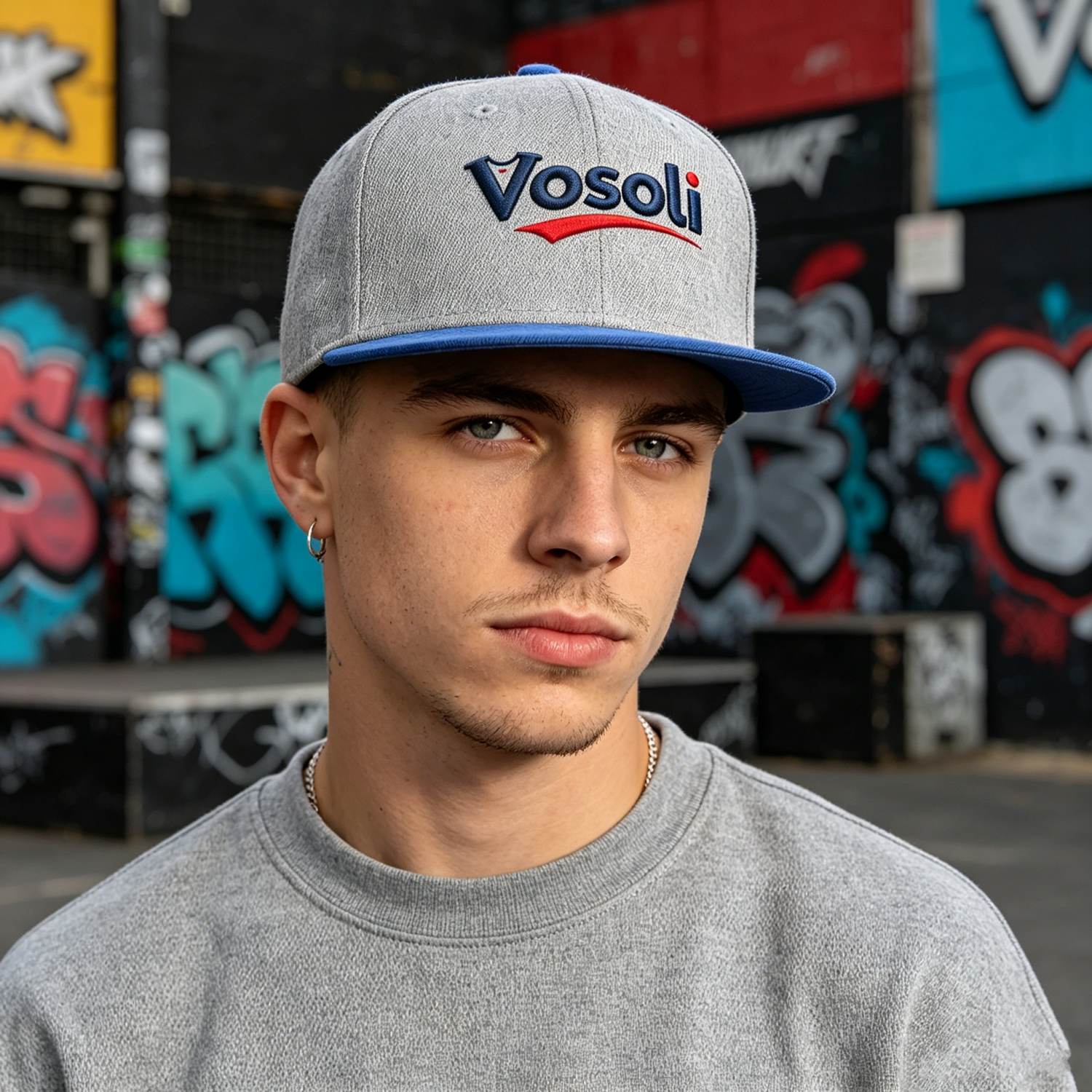 Custom Embroidered or Printed Heather Grey & Blue Color-Block Flat Brim Cap