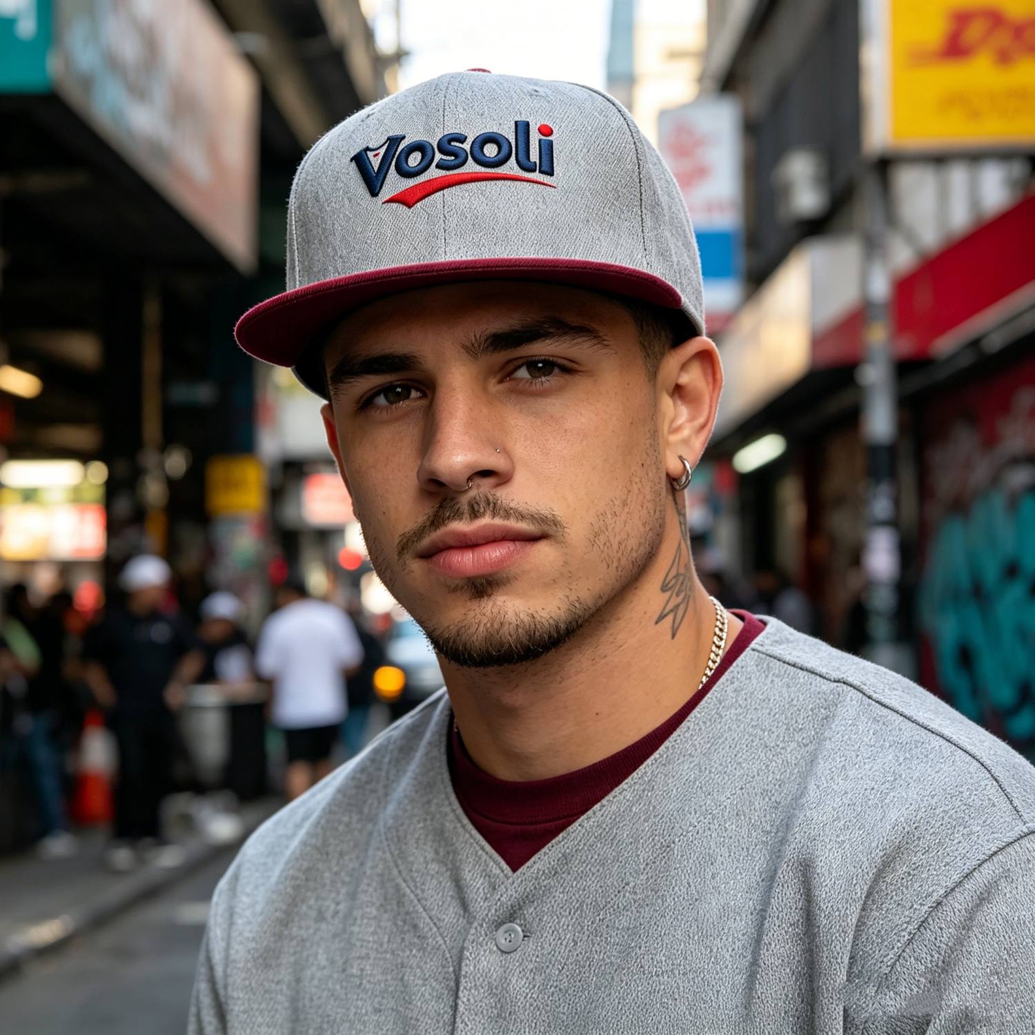 Custom Embroidered or Printed Heather Grey & Burgundy Color-Block Flat Brim Cap