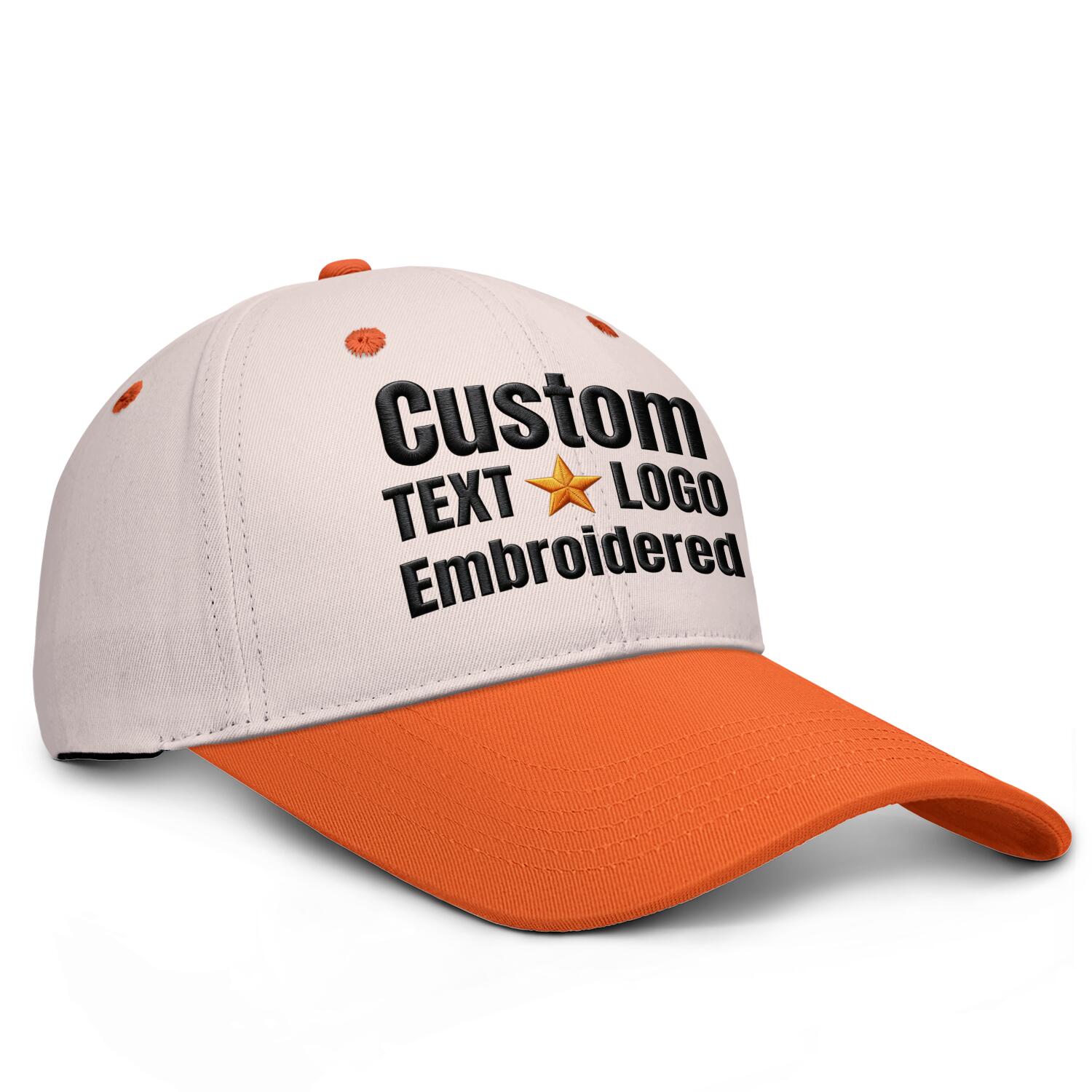 Custom Embroidered or Printed Ivory & Orange Deep Brim Baseball Cap | Personalized Sport Hat