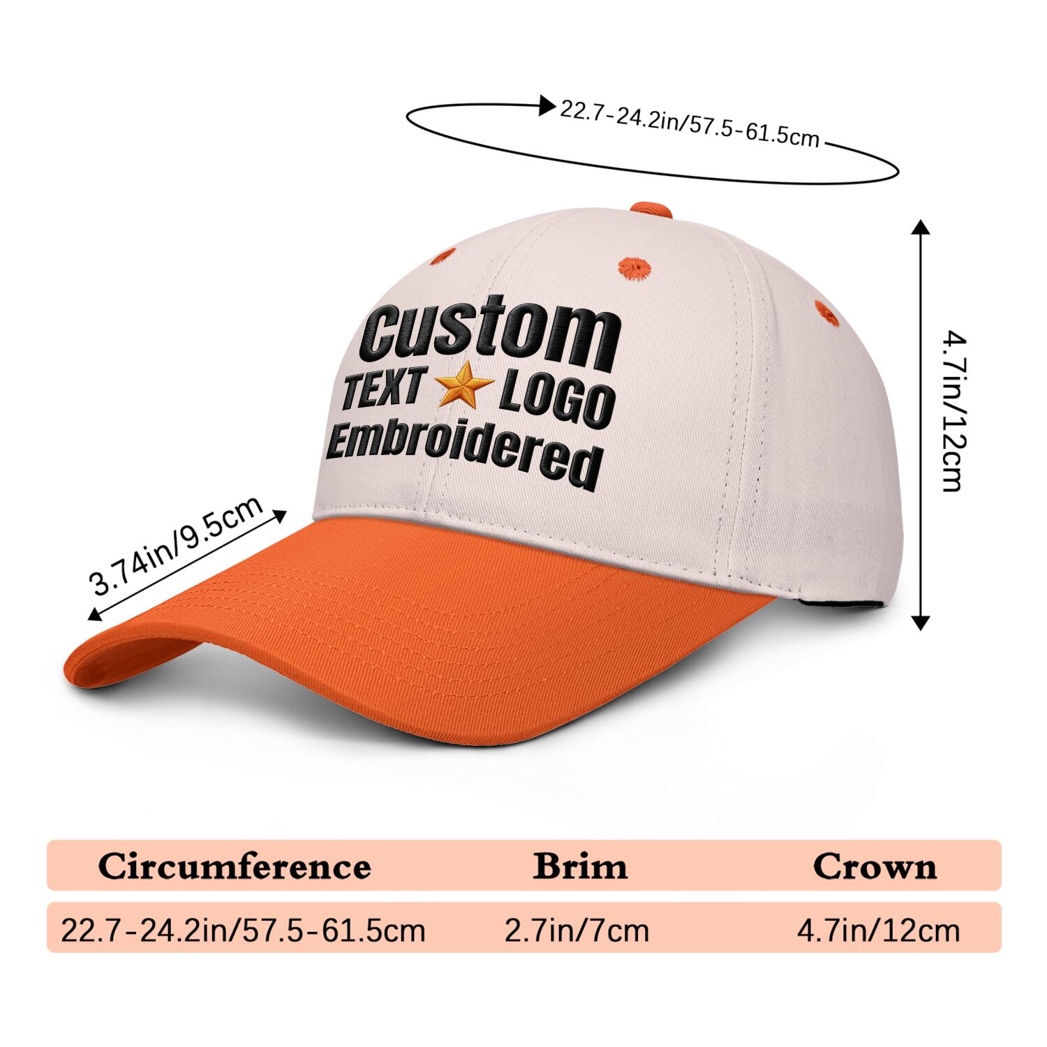 Custom Embroidered or Printed Ivory & Orange Deep Brim Baseball Cap | Personalized Sport Hat