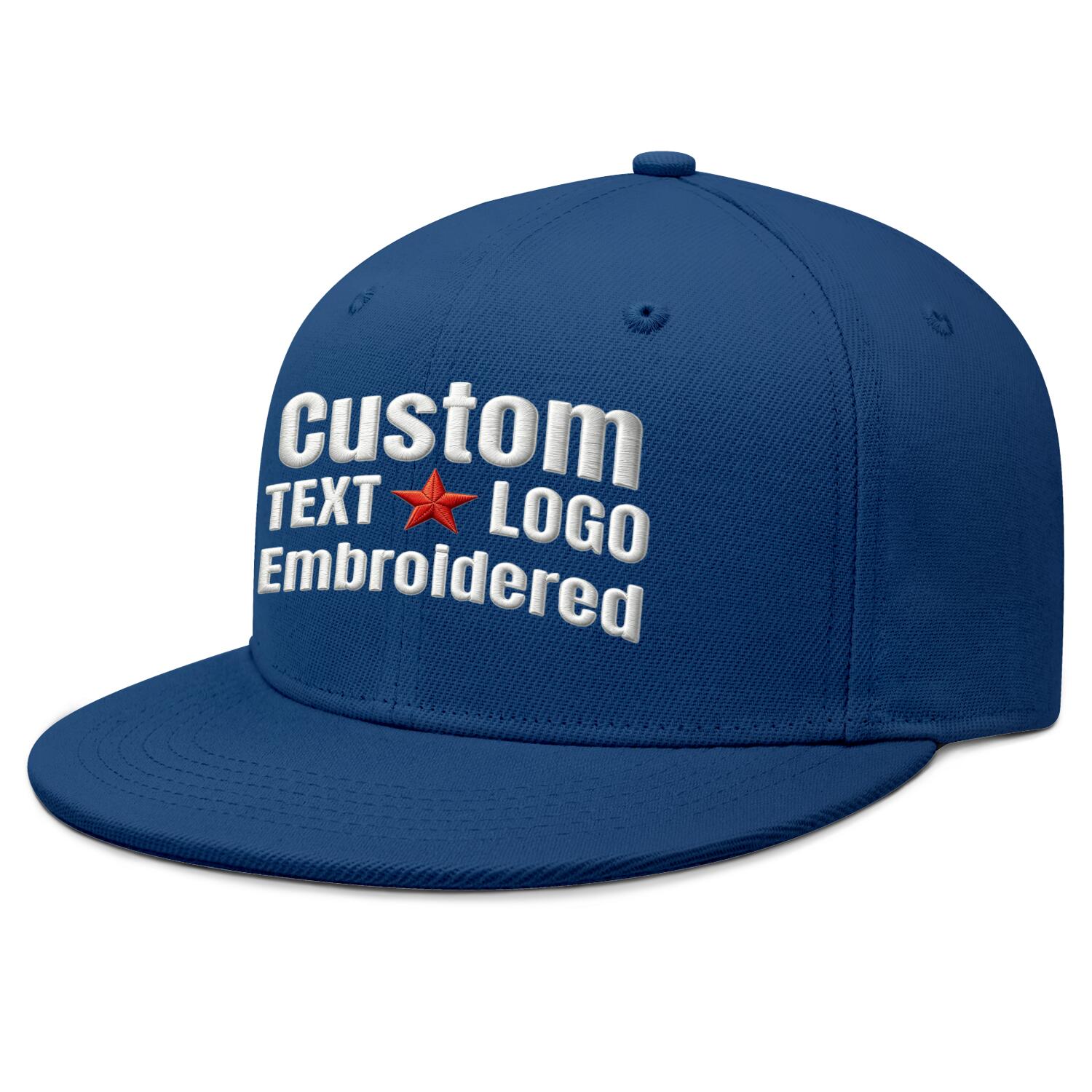 Custom embroidered or printed navy blue flat-brim cap by Vosoli | Personalized text & logo