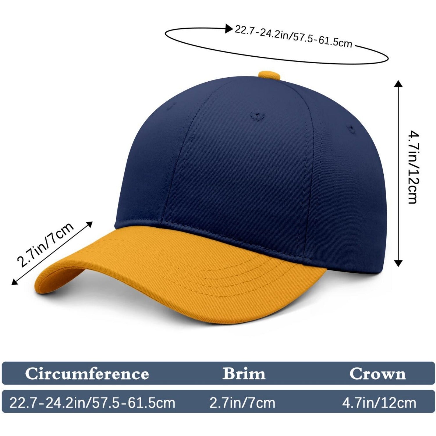 Custom Embroidered or Printed Navy Blue & Gold Color Block Baseball Cap | Personalized Sport Hat