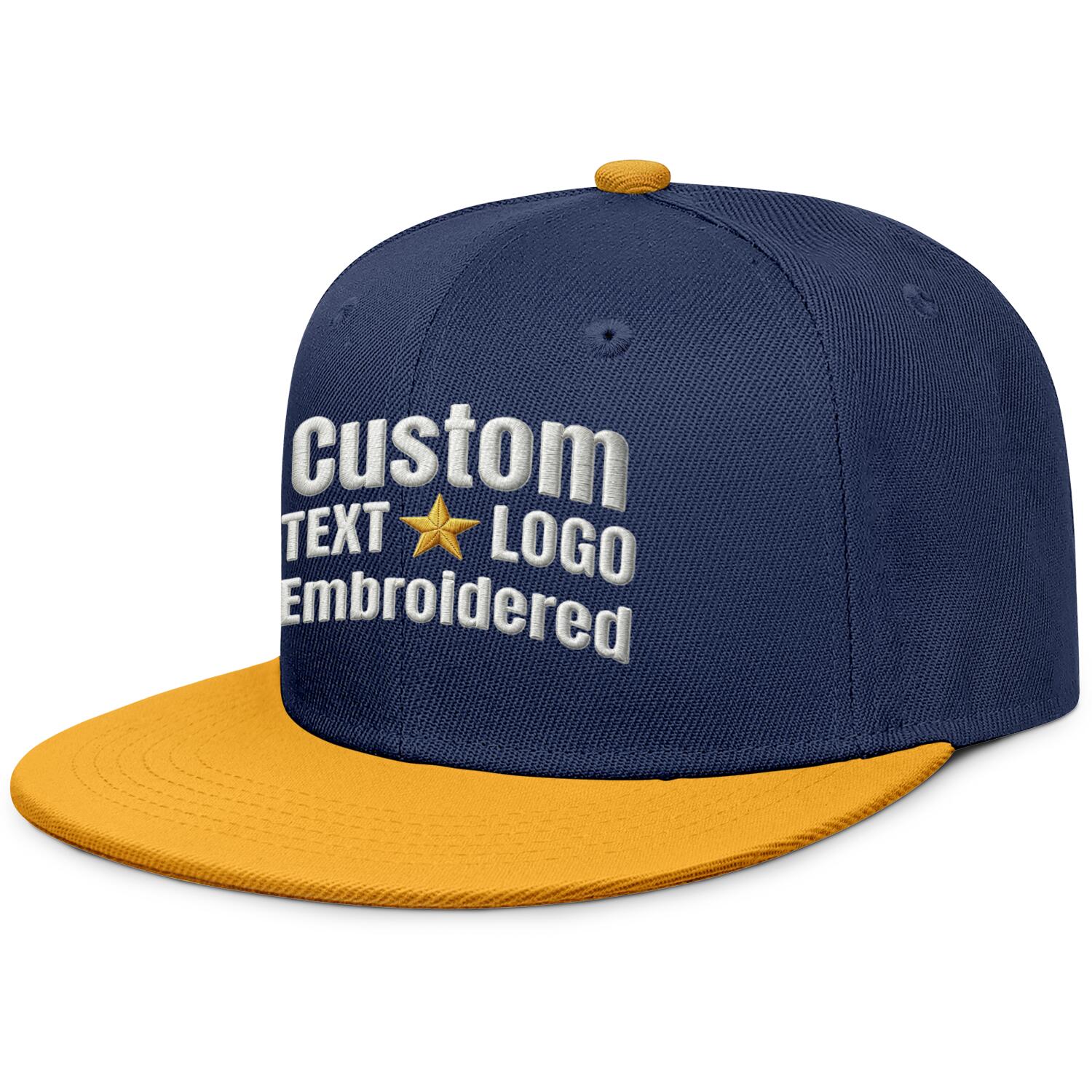 Custom embroidered or printed navy blue & gold color-block flat-brim cap by Vosoli | Personalized text & logo | Structured fit