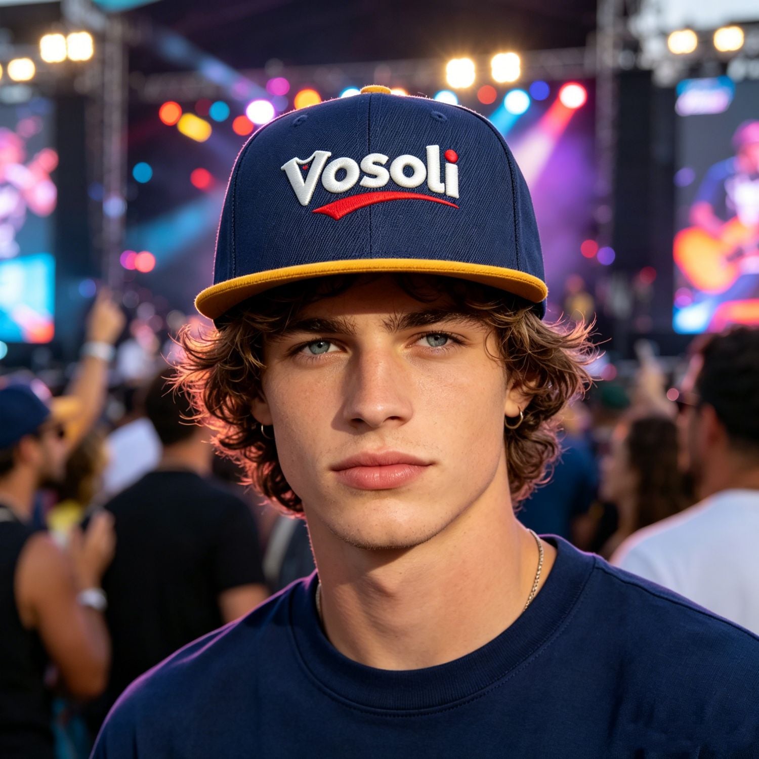Custom Embroidered or Printed Navy Blue & Gold Color-Block Flat-Brim Cap