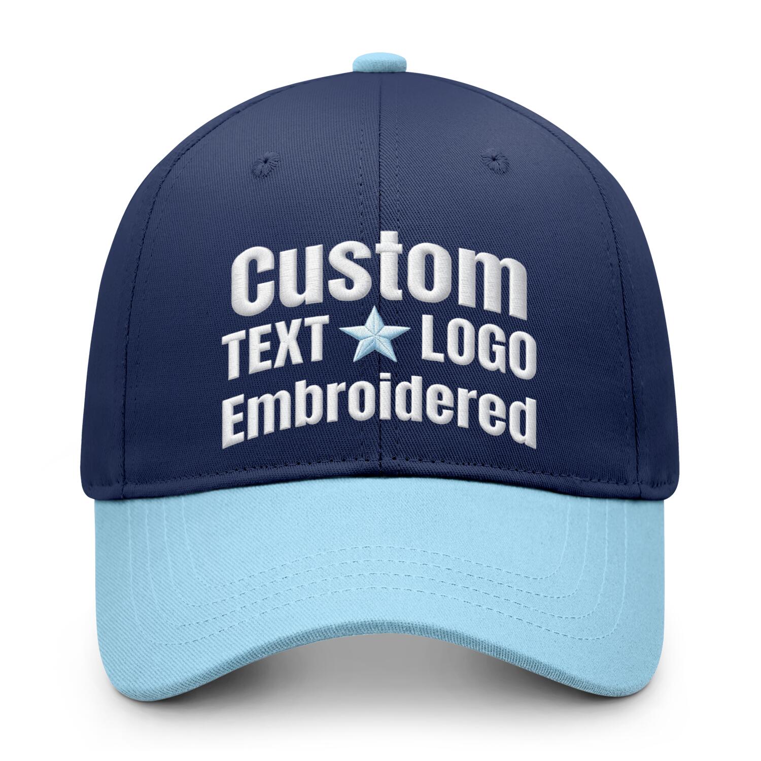 Custom embroidered or printed navy blue & light blue color block baseball cap by Vosoli | Personalized text & logo | Structured fit