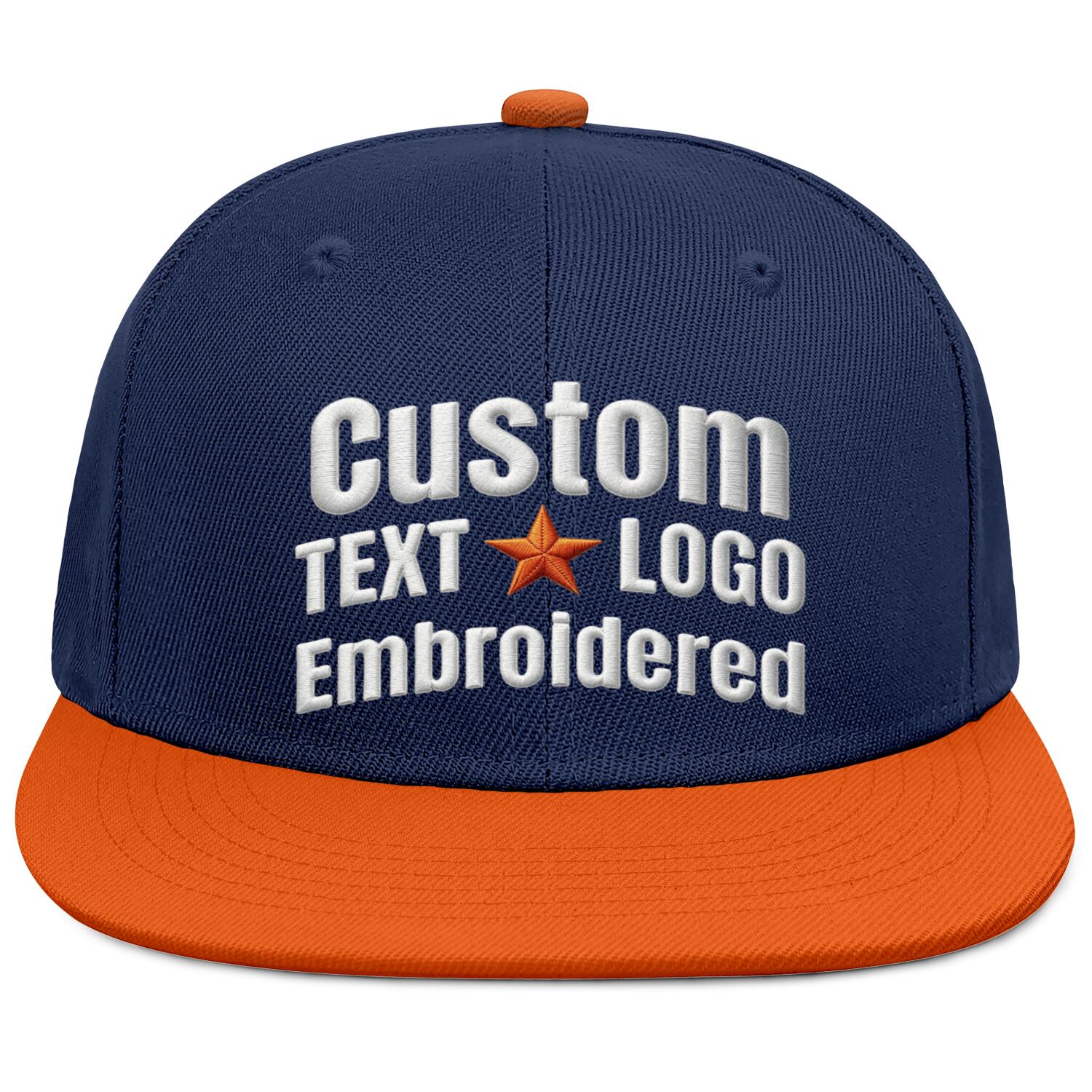Custom Embroidered or Printed Navy Blue & Orange Color-Block Flat-Brim Cap
