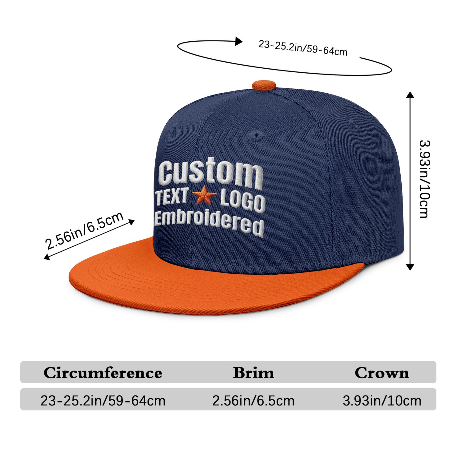 Custom Embroidered or Printed Navy Blue & Orange Color-Block Flat-Brim Cap