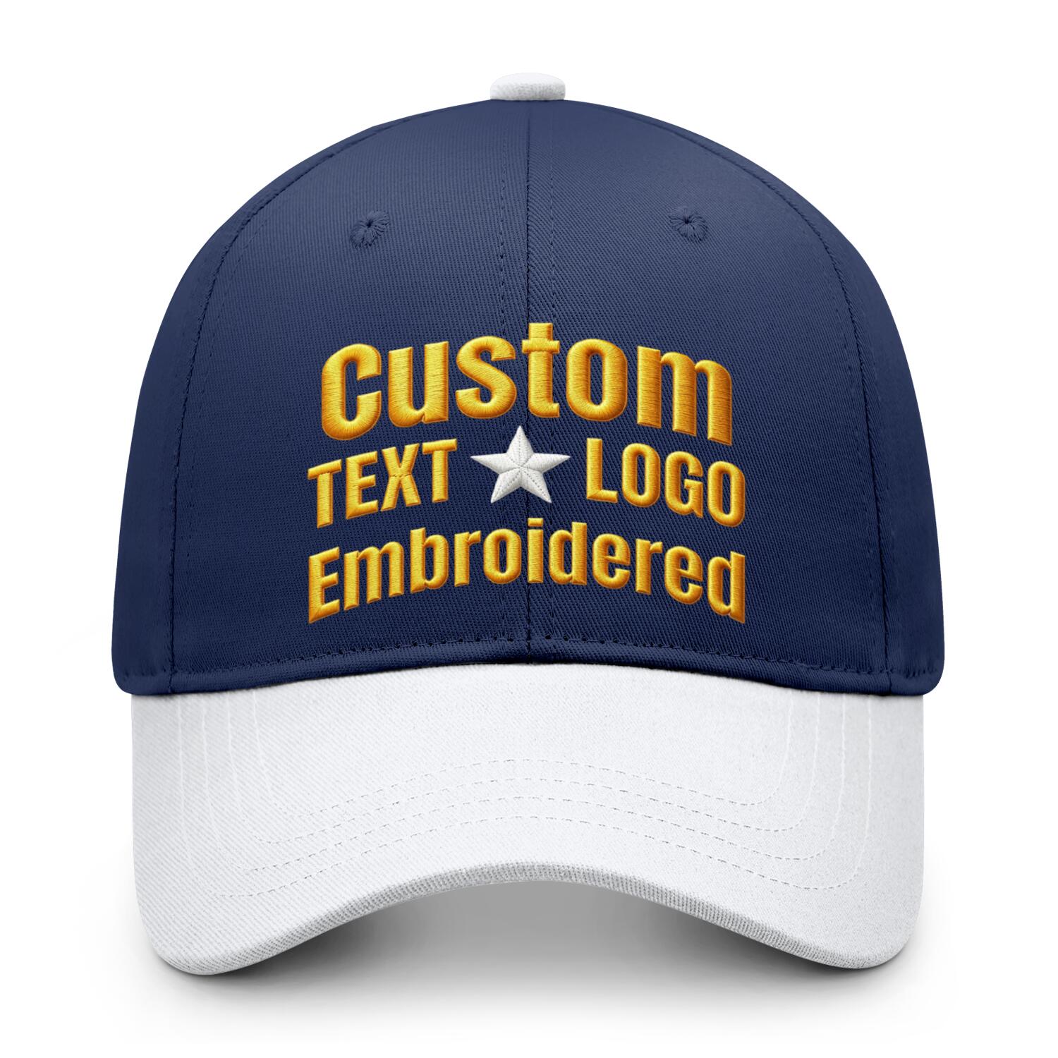 Custom embroidered or printed navy blue & white color block baseball cap by Vosoli | Personalized text & logo | Structured fit