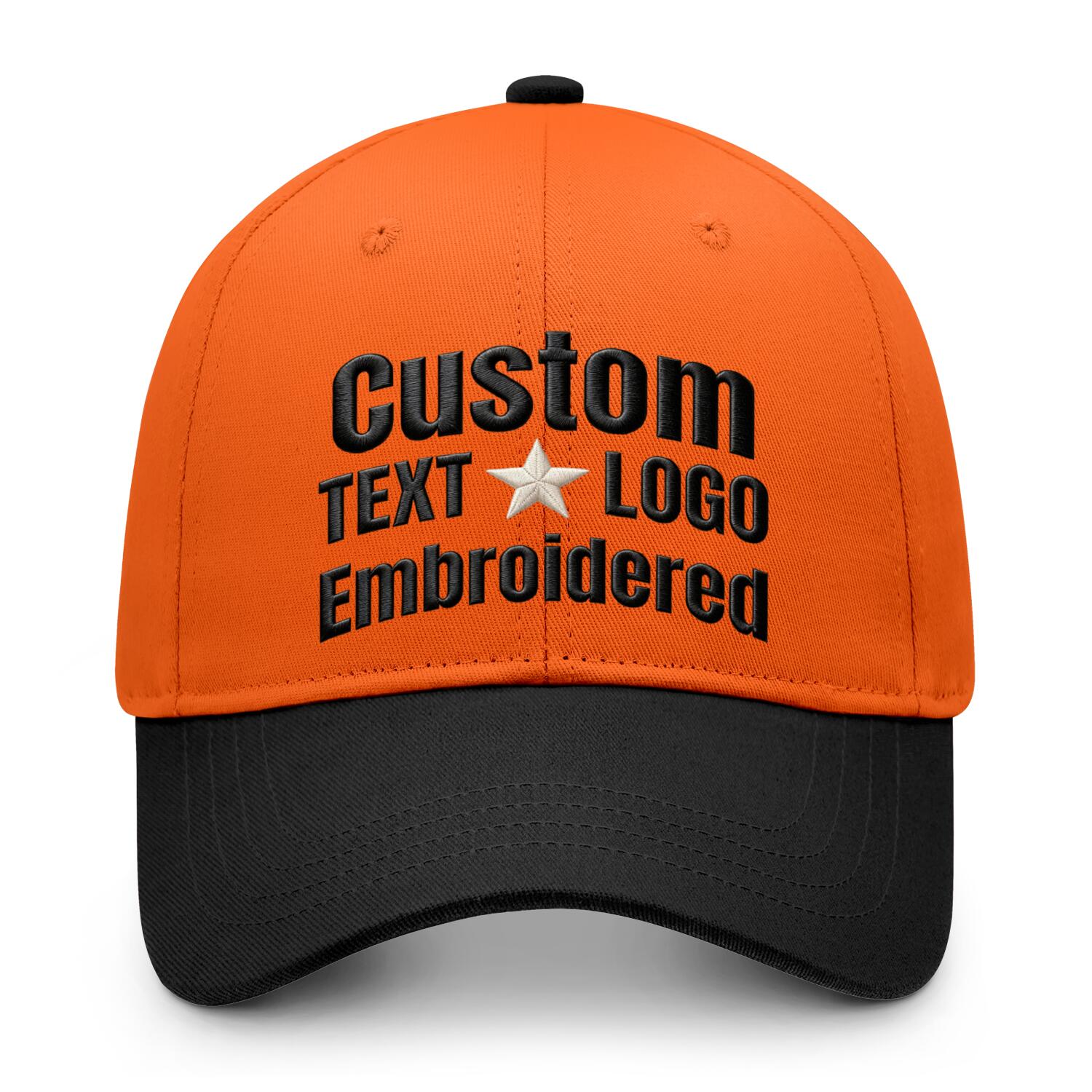 Custom embroidered or printed orange & black color block baseball cap by Vosoli | Personalized text & logo | Structured fit