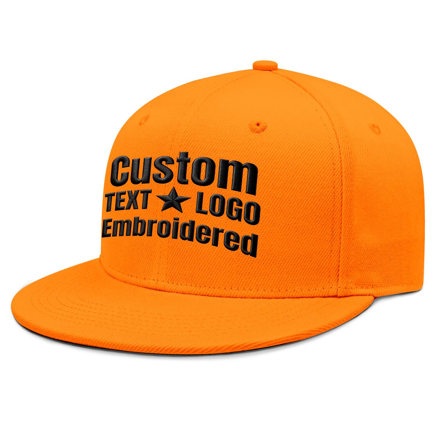 Custom embroidered or printed orange flat-brim cap by Vosoli | Personalized text & logo