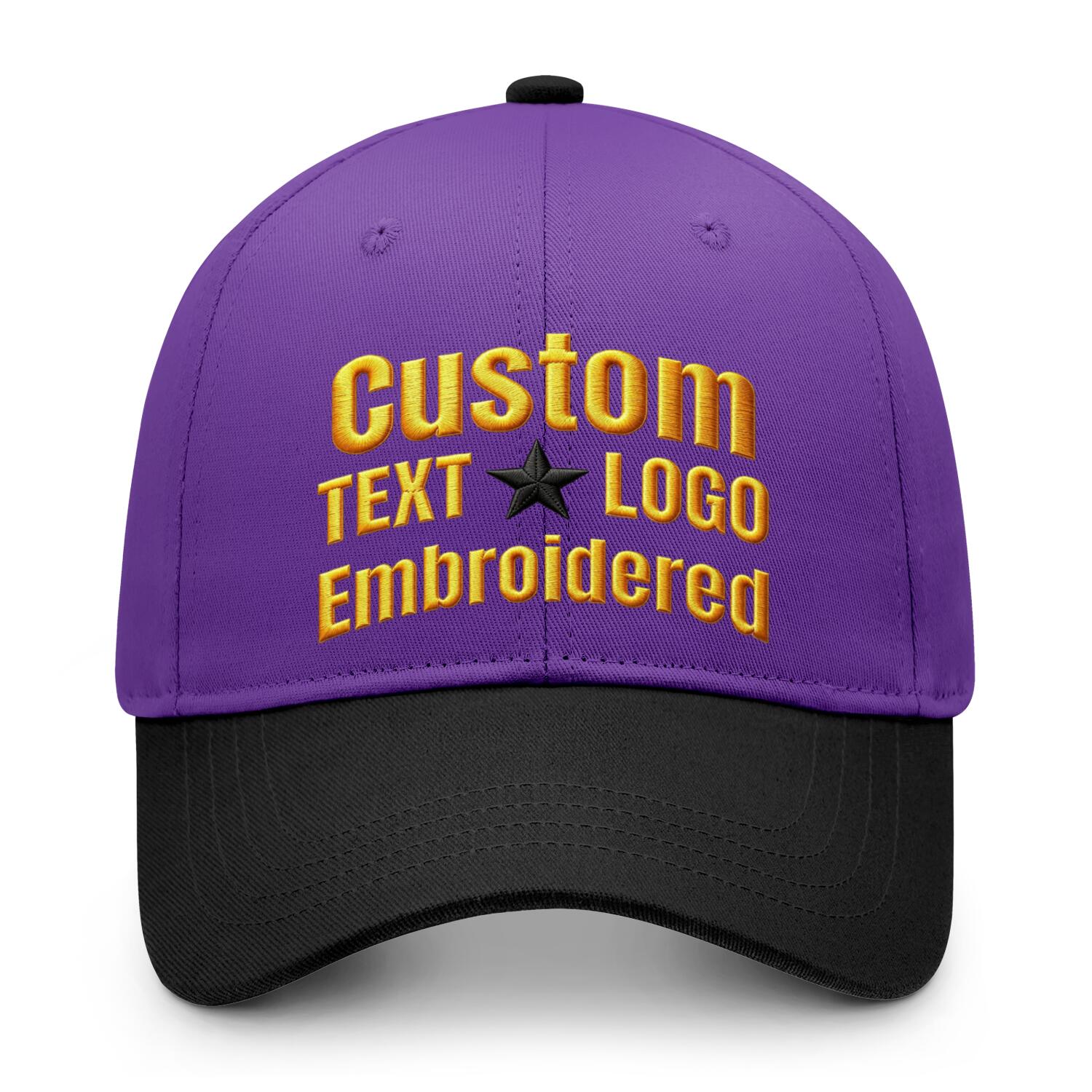 Custom embroidered or printed purple & black color block baseball cap by Vosoli | Personalized text & logo | Structured fit