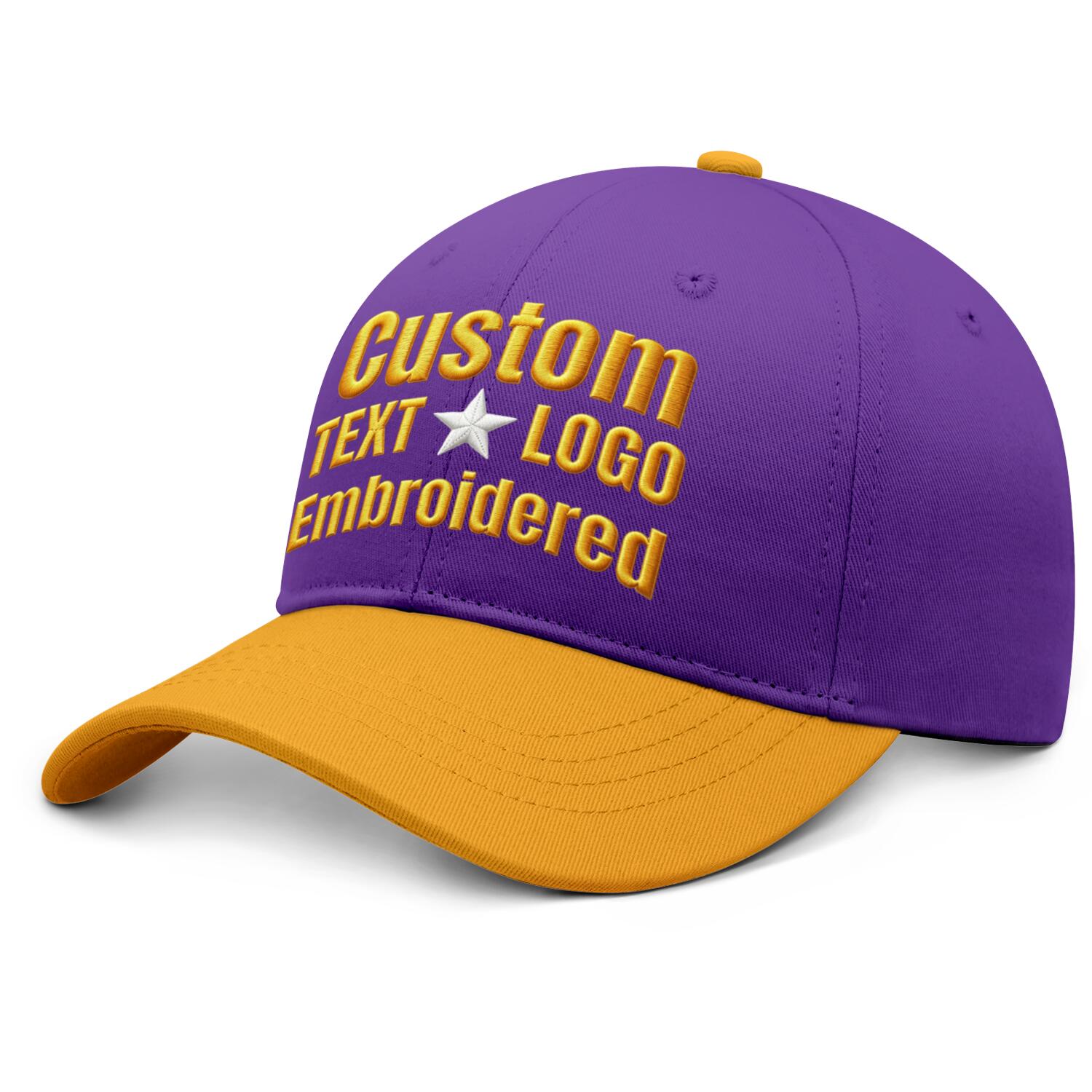 Custom Embroidered or Printed Purple & Gold Color Block Baseball Cap | Personalized Sport Hat