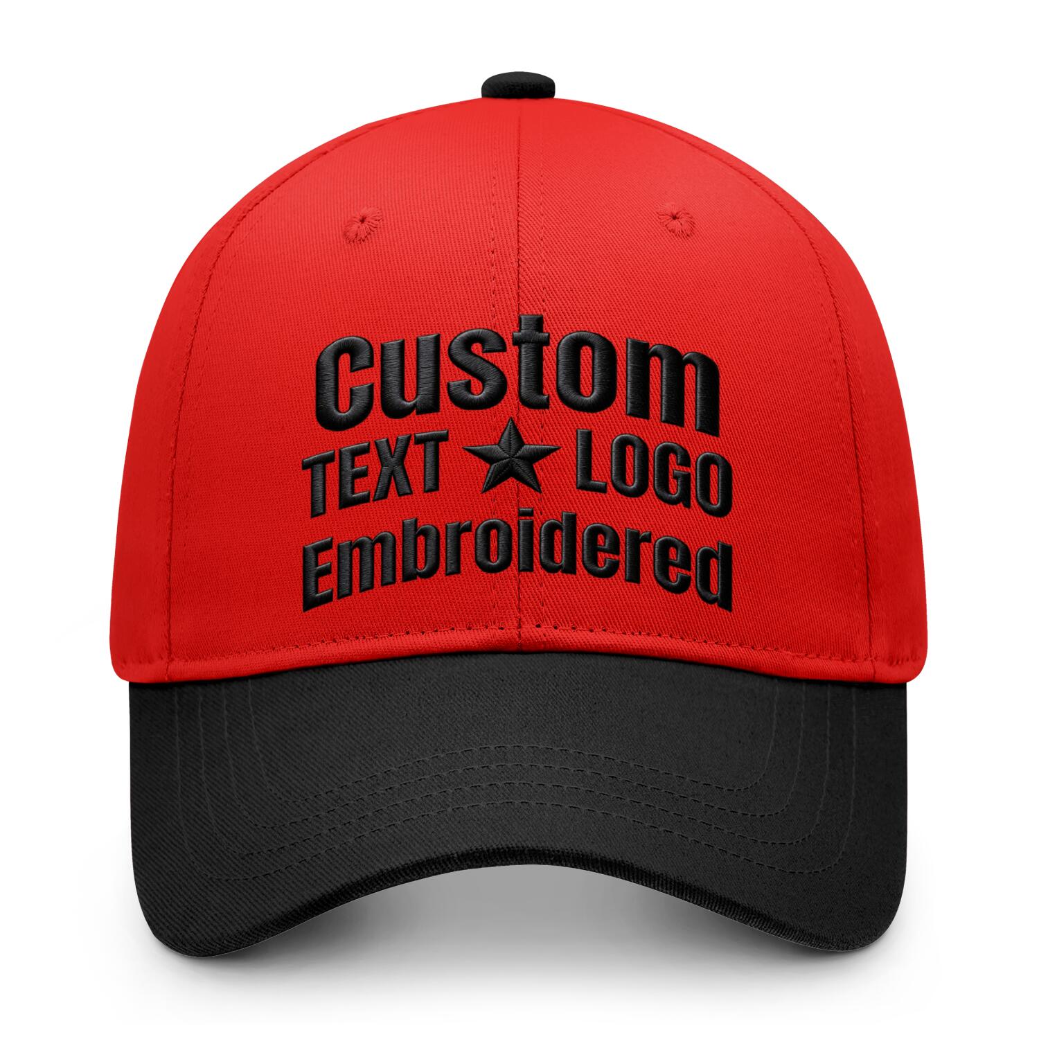 Custom Embroidered or Printed Red & Black Color Block Baseball Cap | Personalized Sport Hat