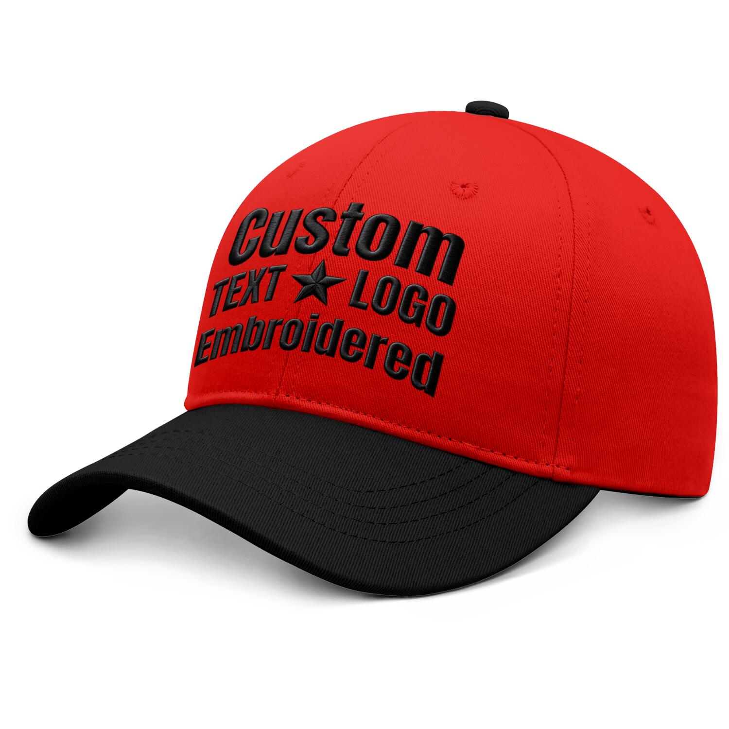 Custom Embroidered or Printed Red & Black Color Block Baseball Cap | Personalized Sport Hat