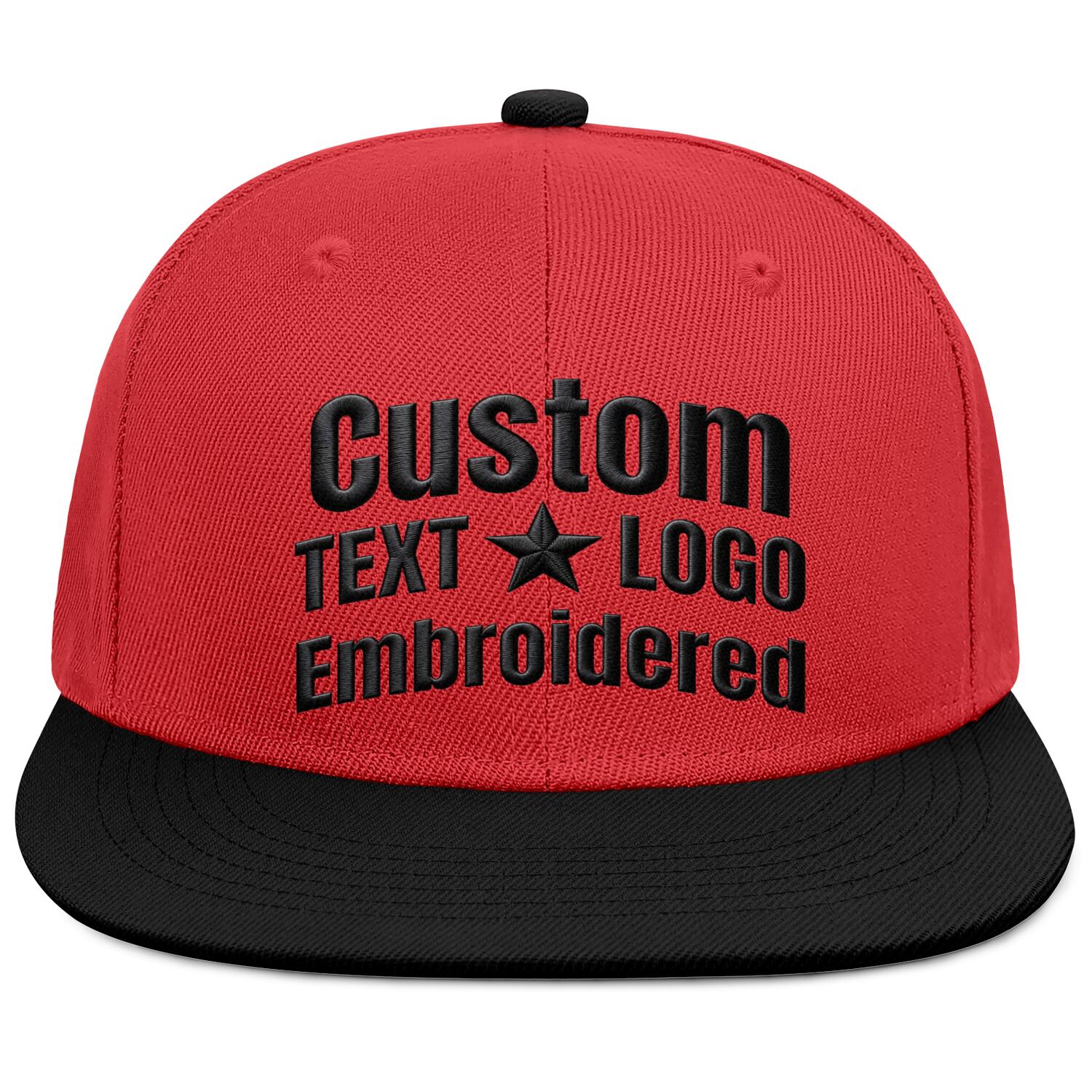 Custom Embroidered or Printed Red & Black Color-Block Flat-Brim Cap