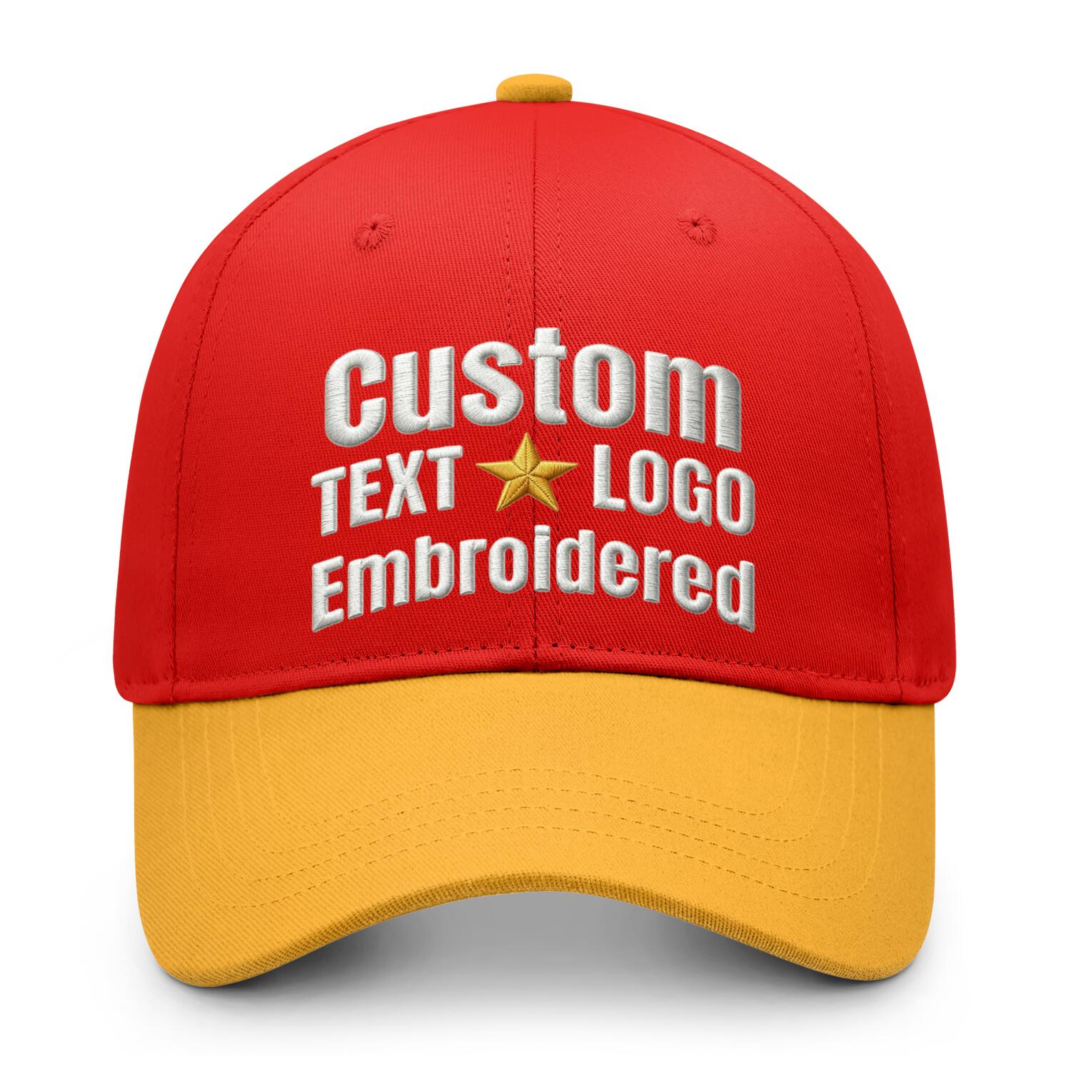 Custom embroidered or printed red & gold color block baseball cap by Vosoli | Personalized text & logo | Structured fit