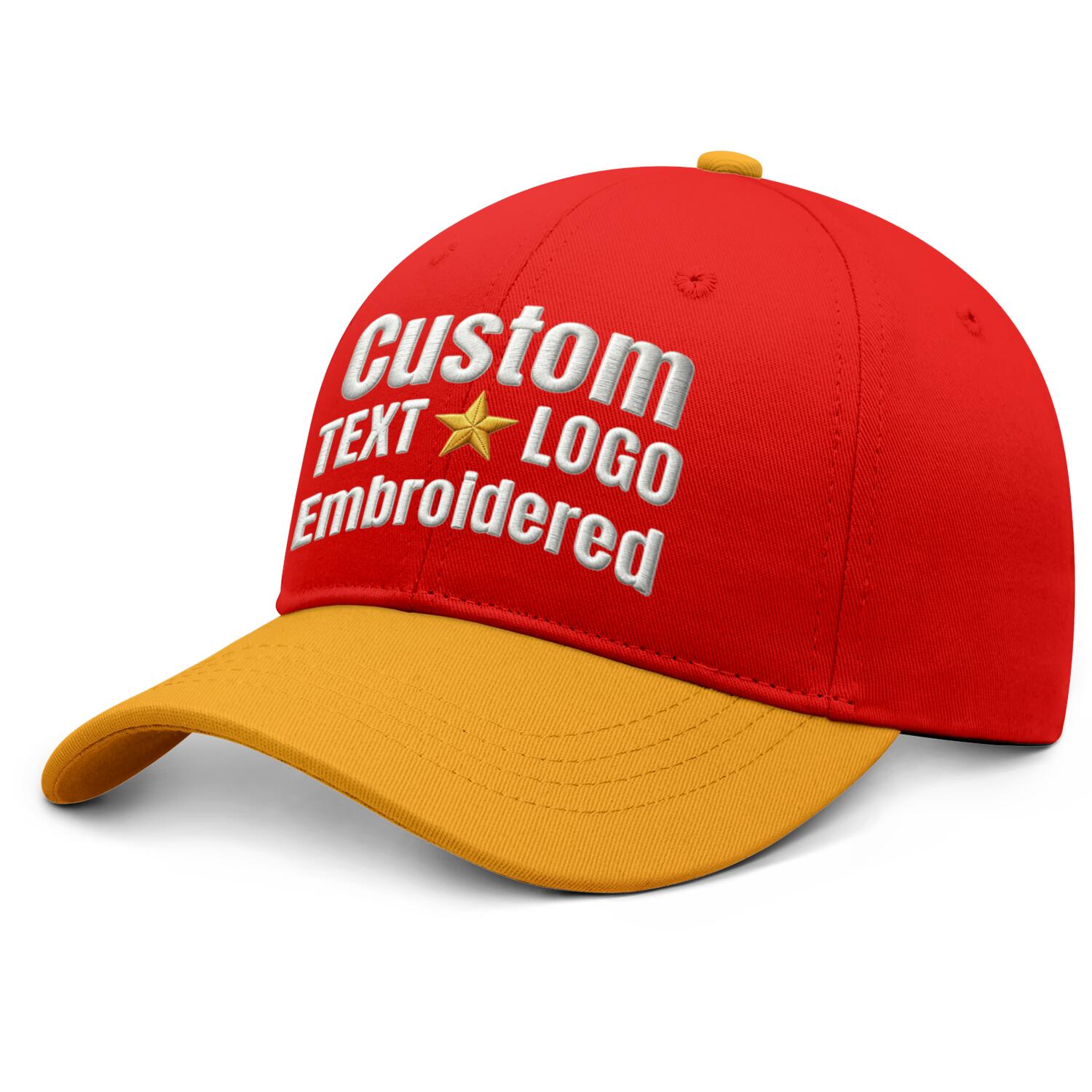 Custom Embroidered or Printed Red & Gold Color Block Baseball Cap | Personalized Sport Hat
