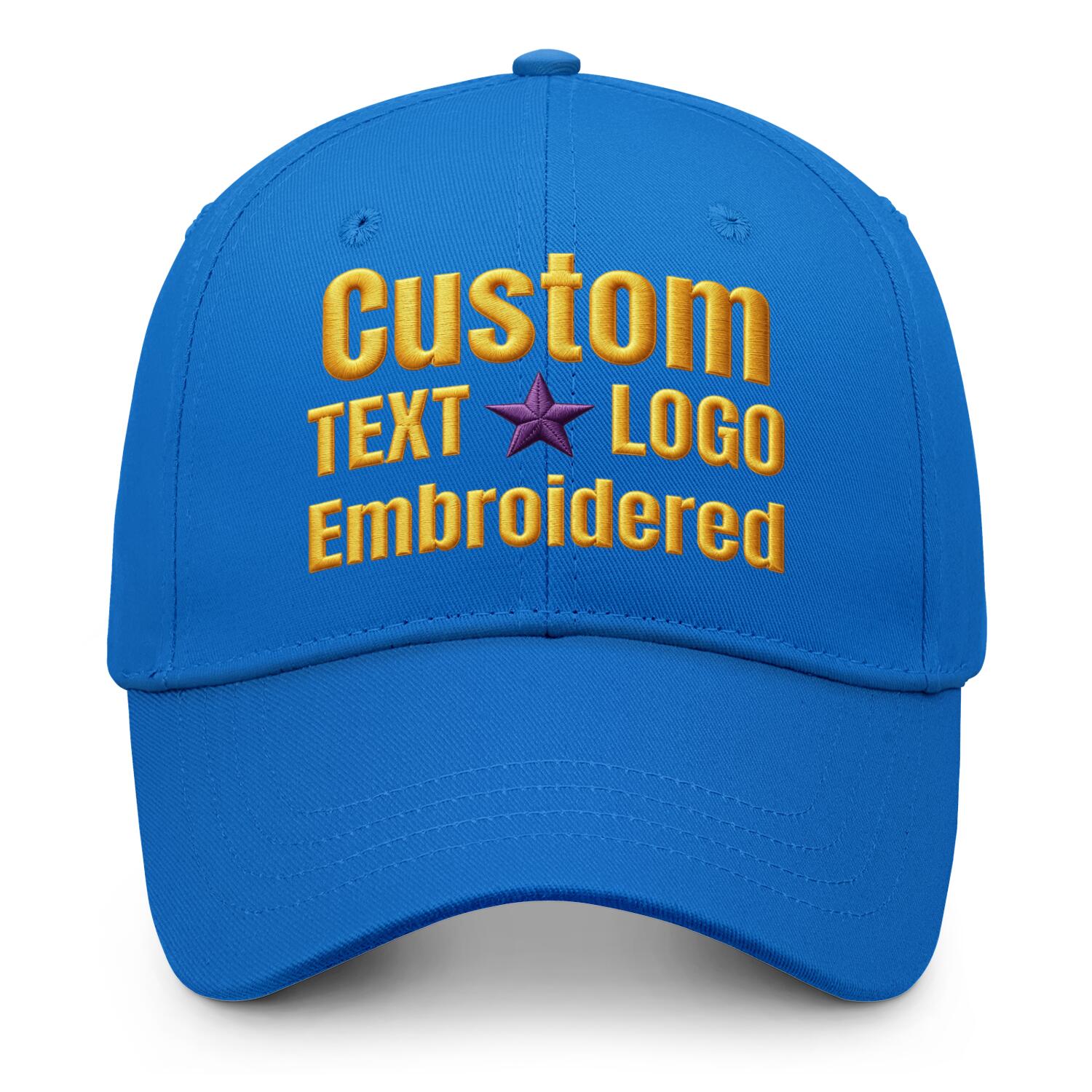 Custom embroidered or printed royal blue baseball cap by Vosoli | Personalized text & logo | Structured fit