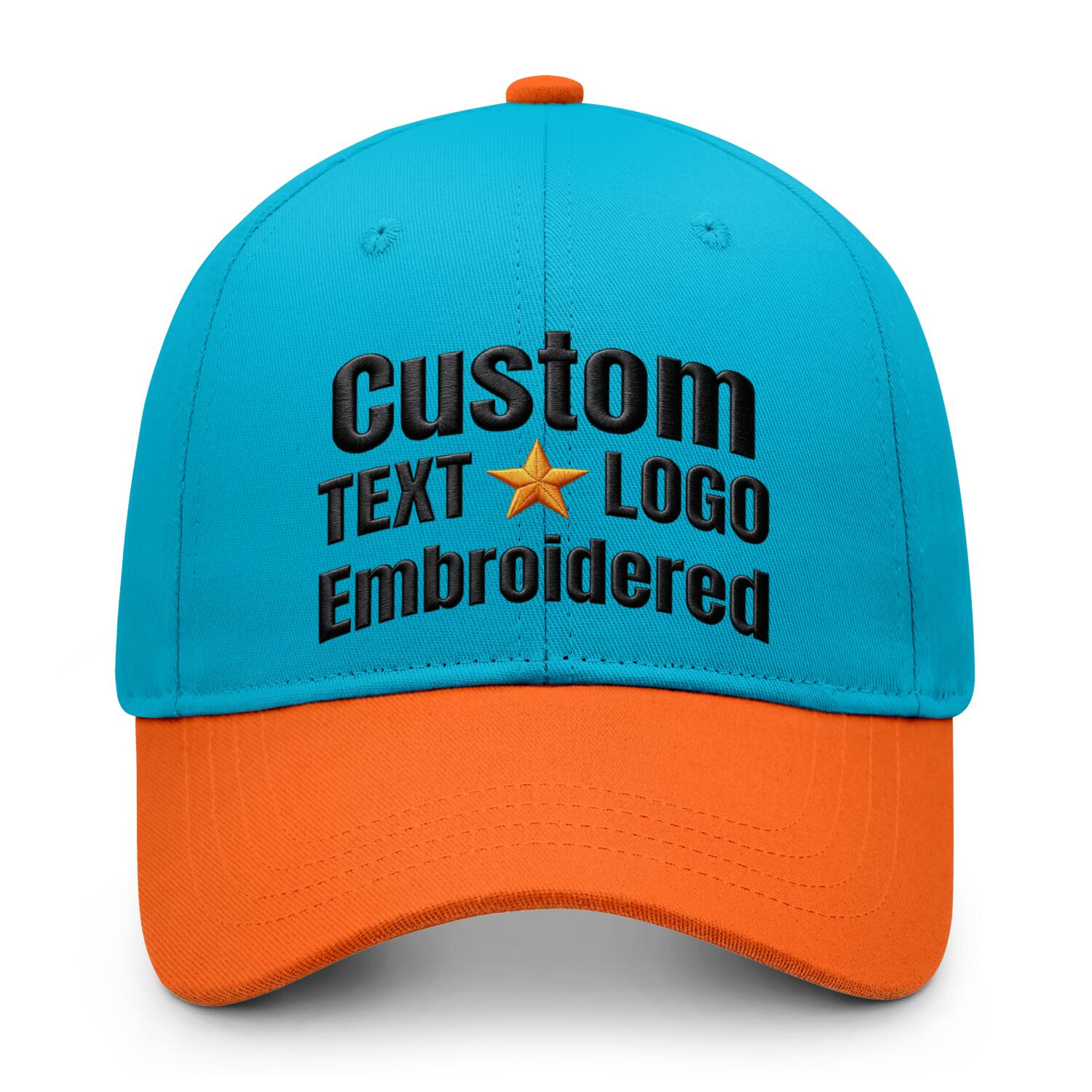 Custom embroidered or printed teal & orange color block baseball cap by Vosoli | Personalized text & logo | Structured fit