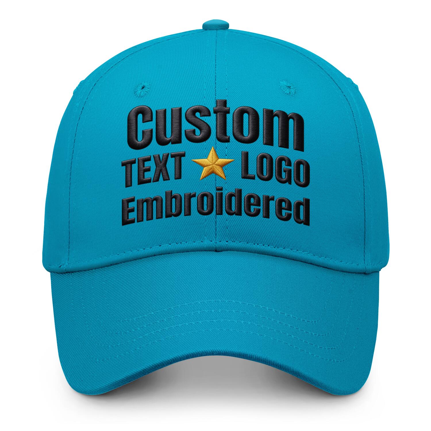 Custom embroidered or printed turquoise baseball cap by Vosoli | Personalized text & logo | Structured fit