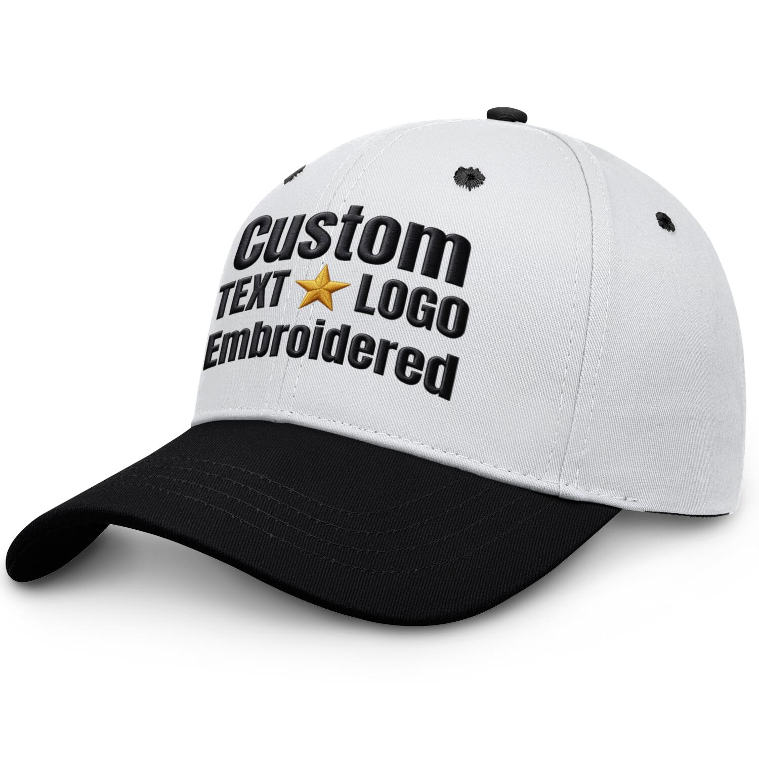 Custom Embroidered or Printed White & Black Color Block Baseball Cap | Personalized Sport Hat