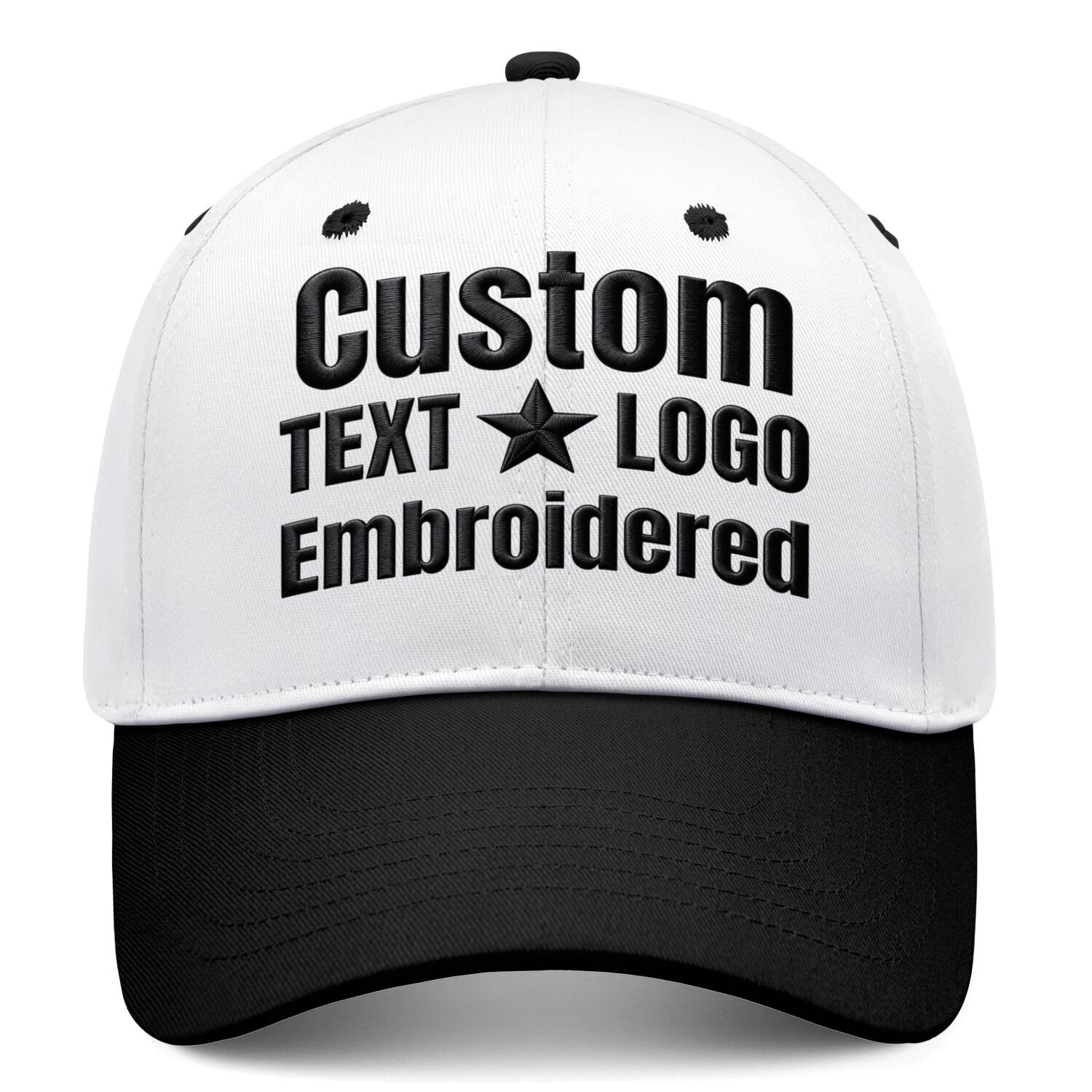 Custom Embroidered or Printed White & Black Deep Brim Baseball Cap | Personalized Sport Hat