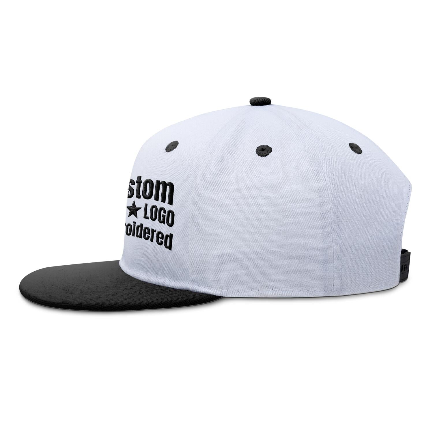 Custom Embroidered or Printed White & Black Color-Block Flat-Brim Cap