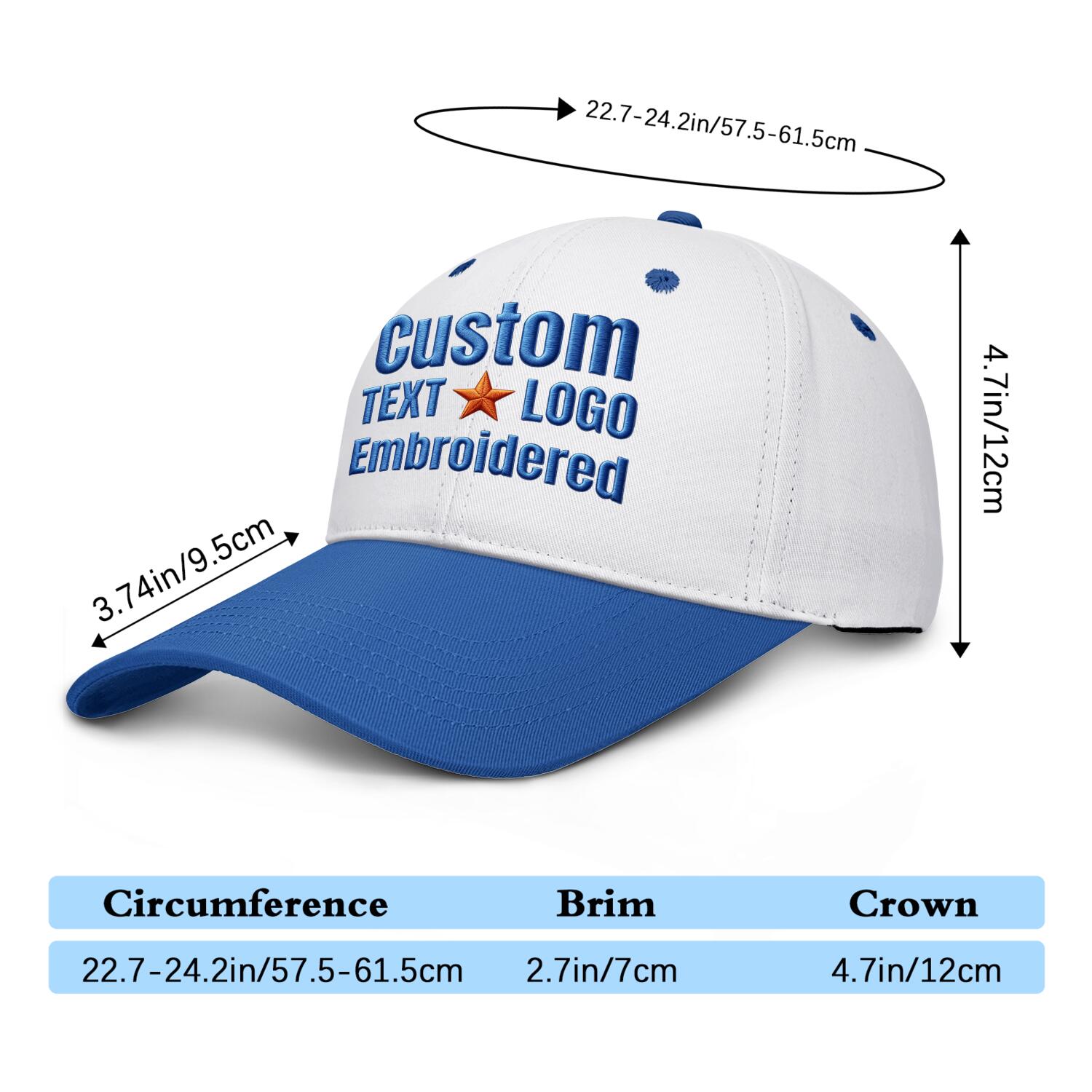 Custom Embroidered or Printed White & Blue Deep Brim Baseball Cap | Personalized Sport Hat