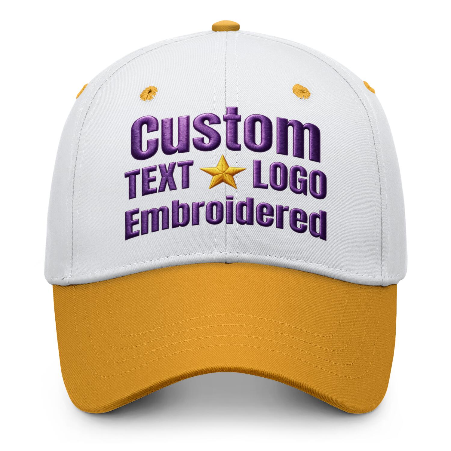 Custom embroidered or printed white & gold color block baseball cap by Vosoli | Personalized text & logo | Structured fit