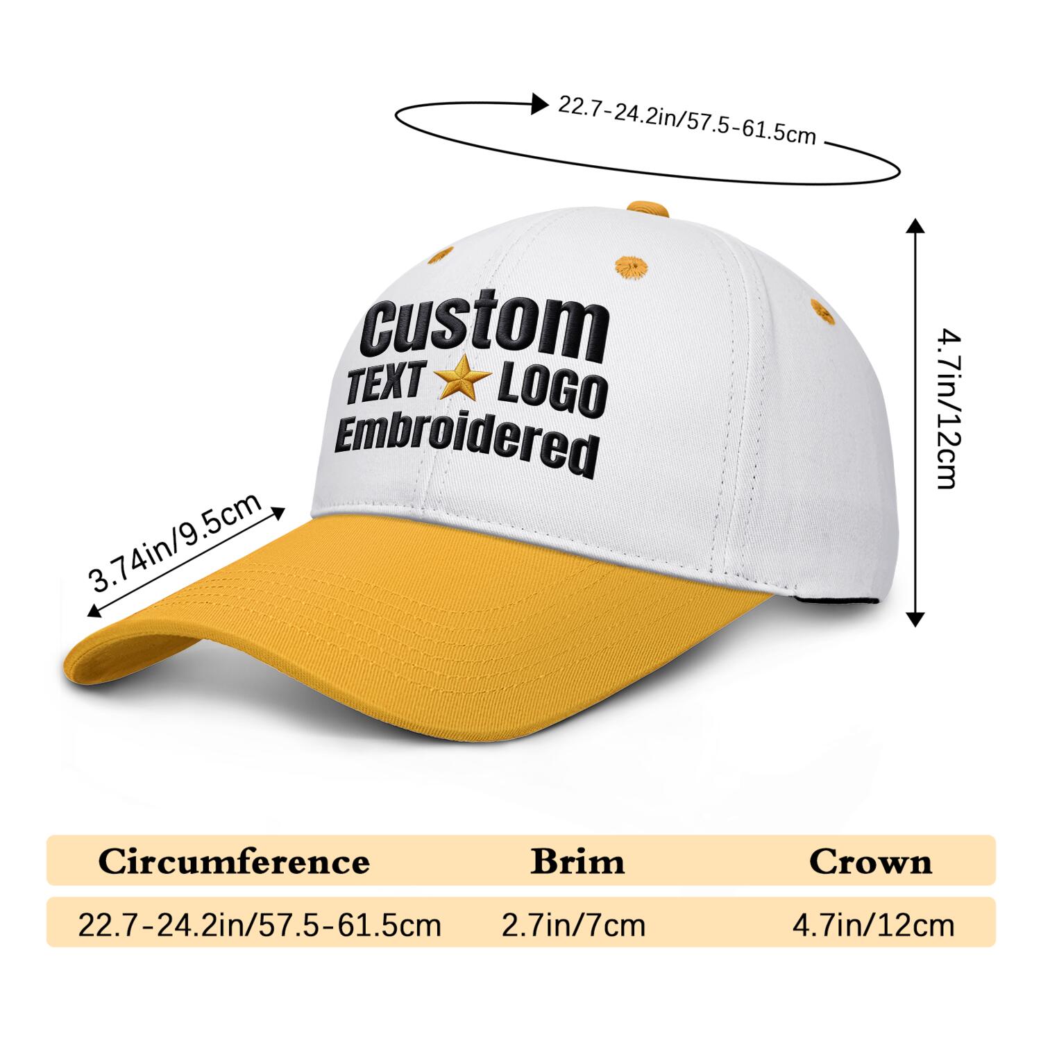 Custom Embroidered or Printed White & Gold Deep Brim Baseball Cap | Personalized Sport Hat