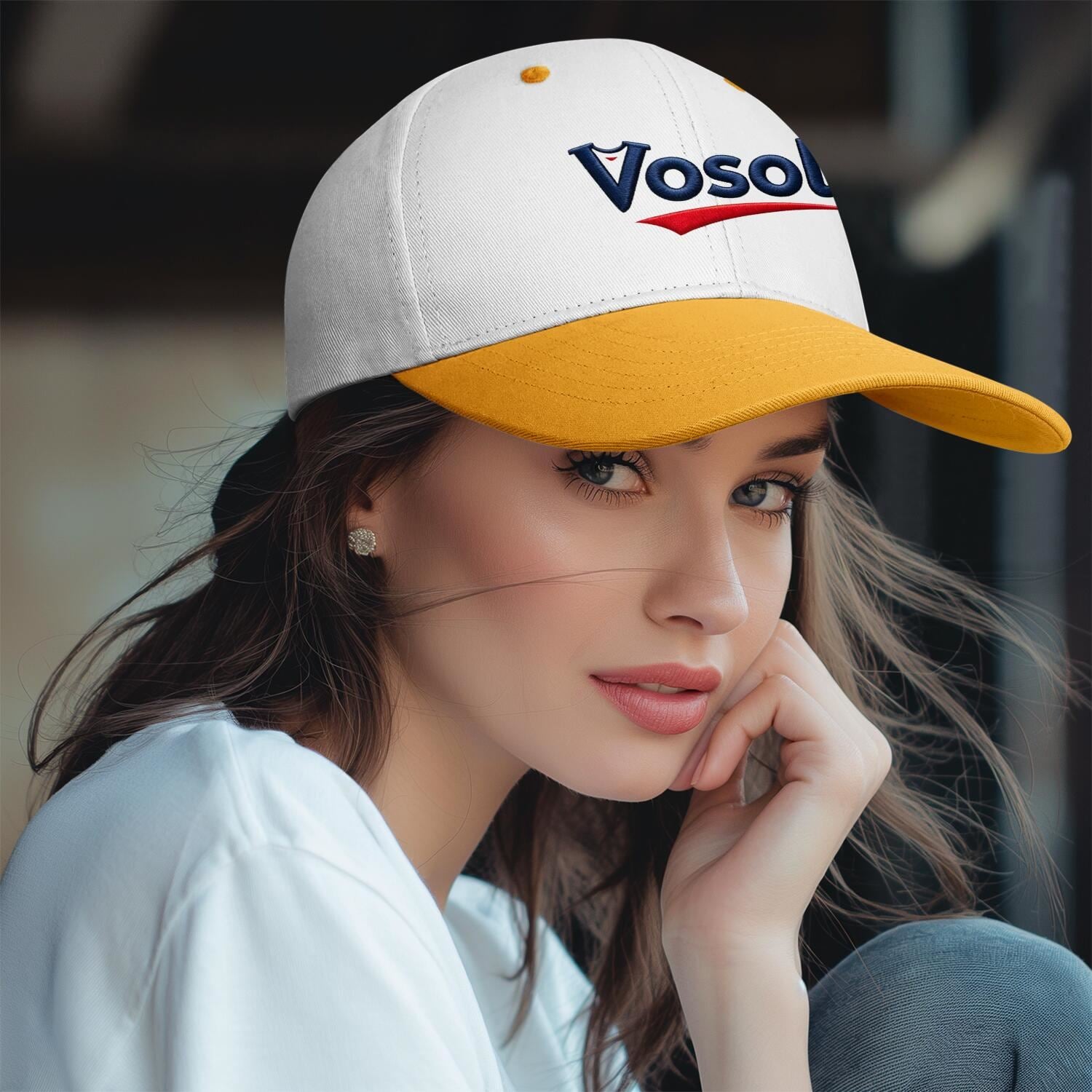 Custom Embroidered or Printed White & Gold Deep Brim Baseball Cap | Personalized Sport Hat