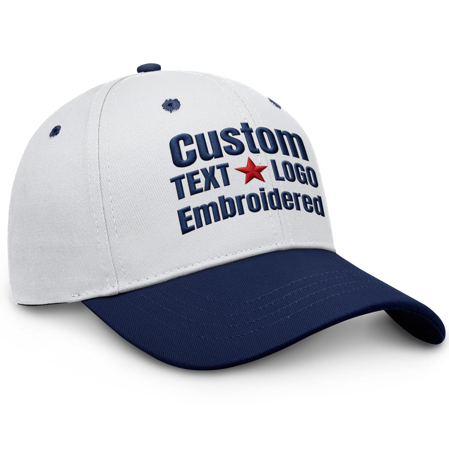 Custom Embroidered or Printed White & Navy Blue Color Block Baseball Cap | Personalized Sport Hat