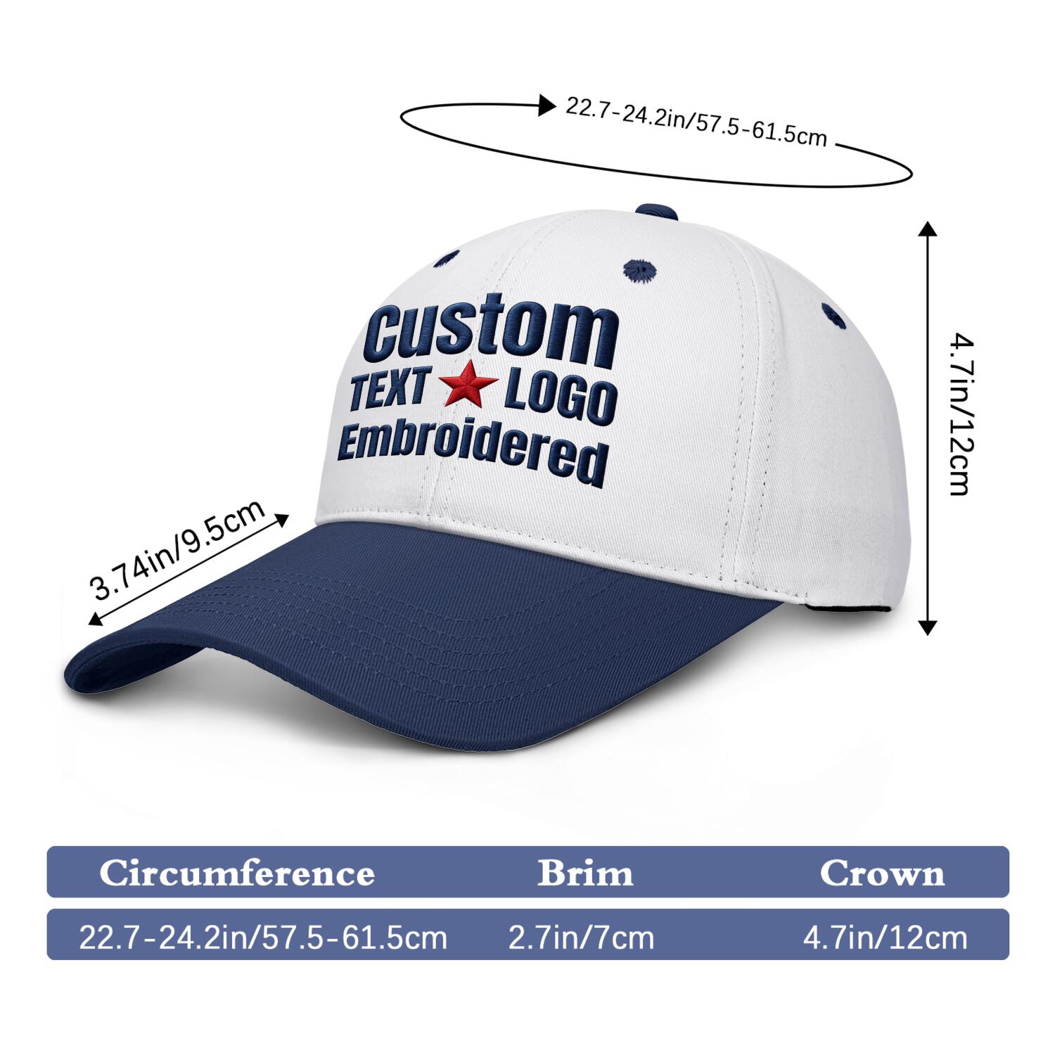 Custom Embroidered or Printed White & Navy Deep Brim Baseball Cap | Personalized Sport Hat
