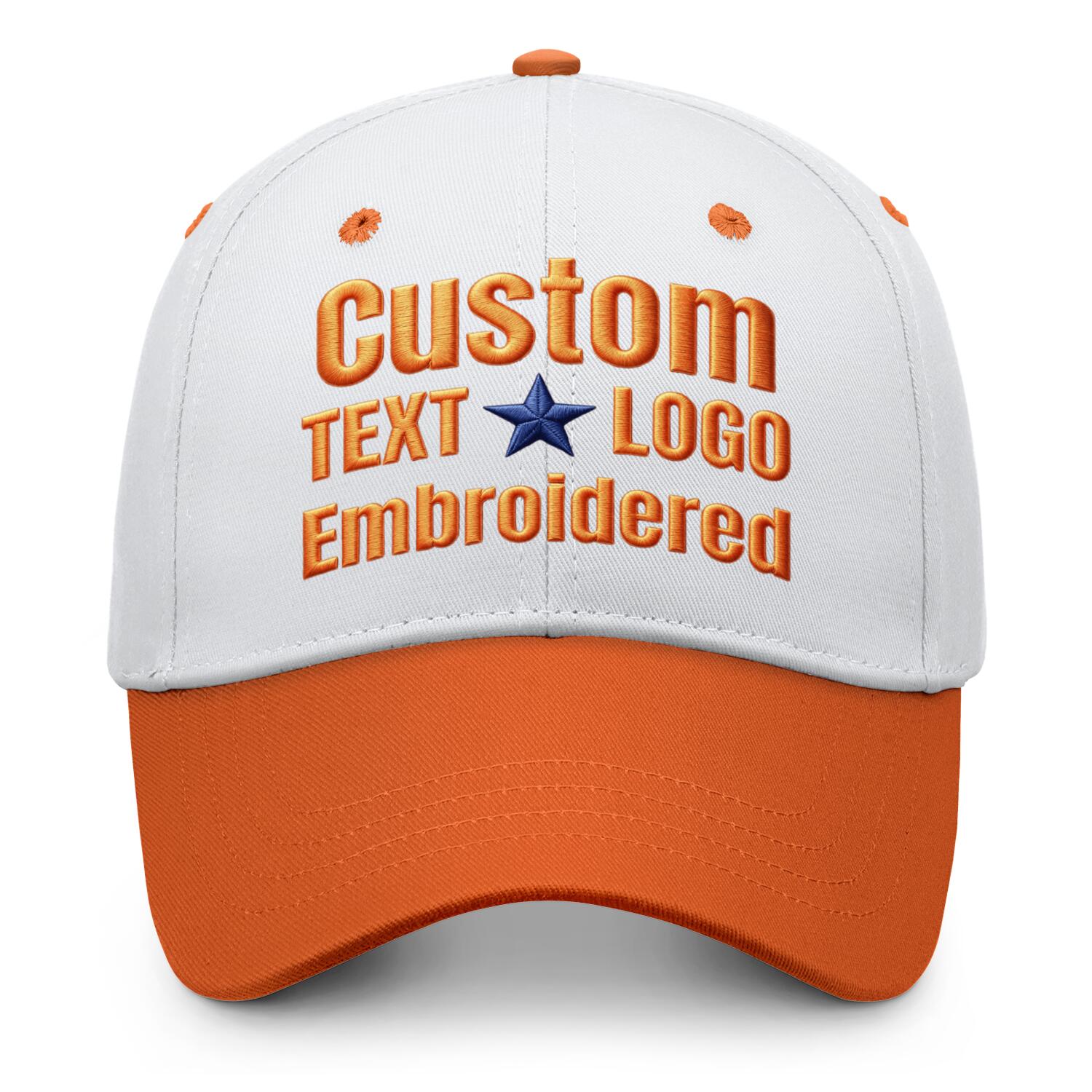 Custom embroidered or printed white & orange color block baseball cap by Vosoli | Personalized text & logo | Structured fit