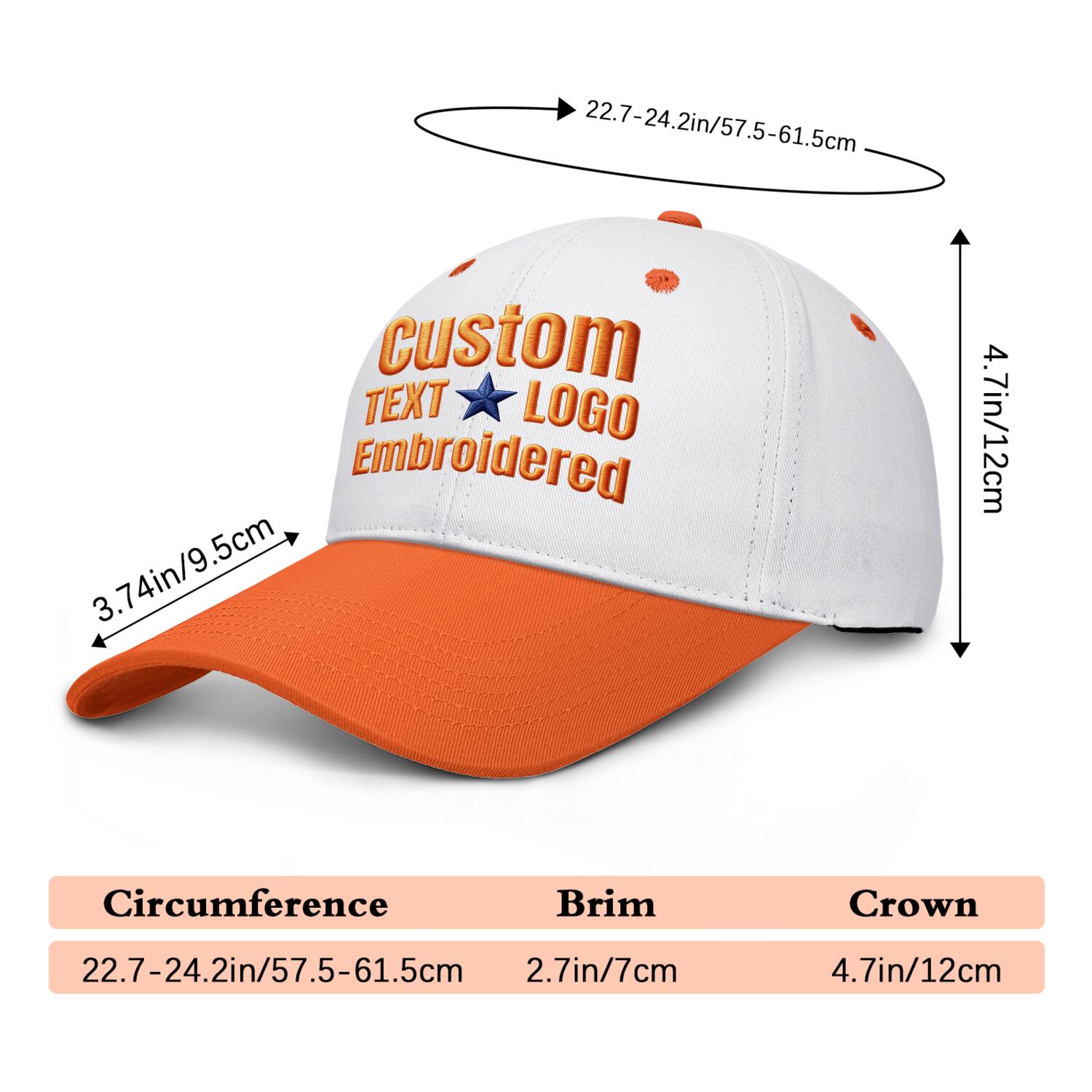 Custom Embroidered or Printed White & Orange Deep Brim Baseball Cap | Personalized Sport Hat