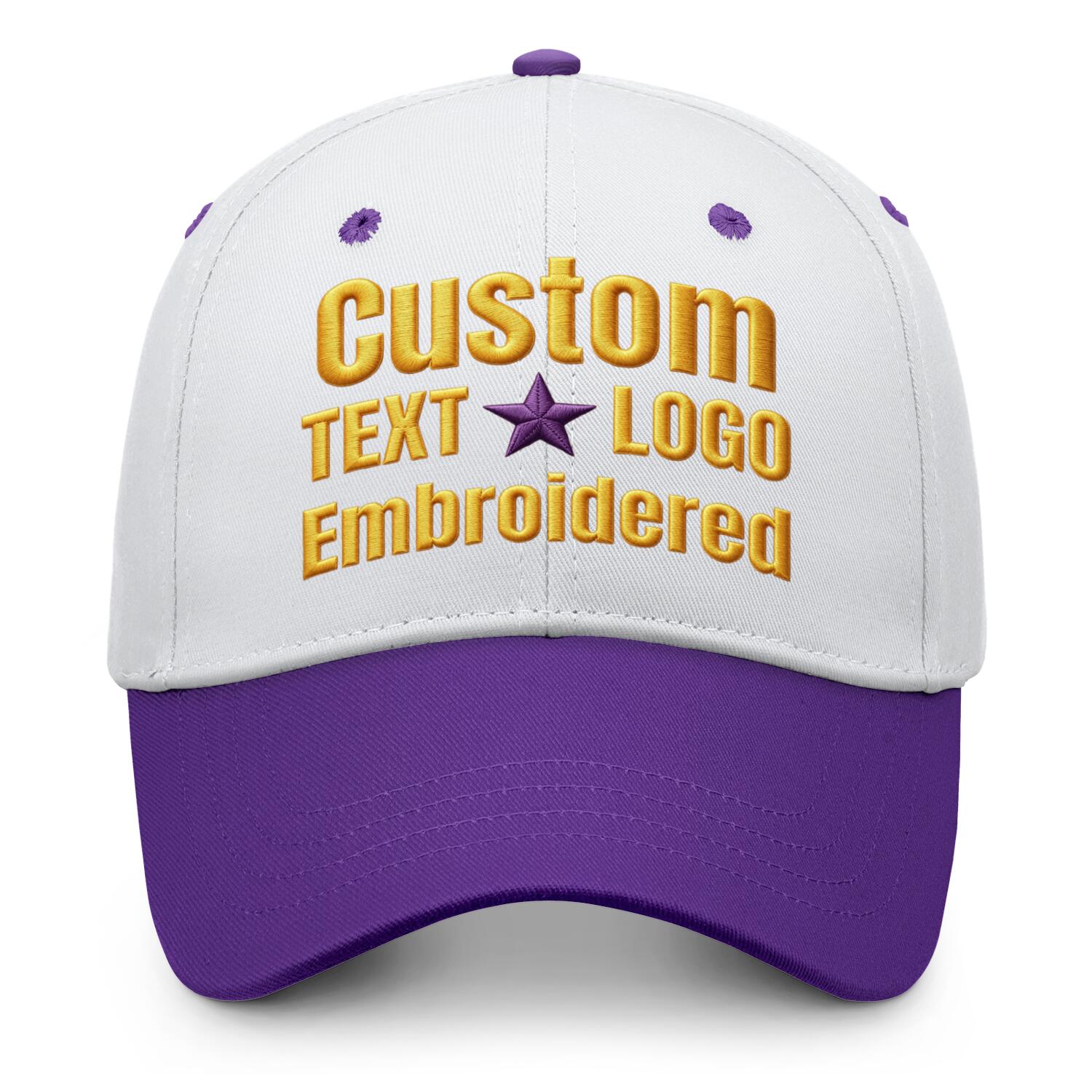 Custom embroidered or printed white & purple color block baseball cap by Vosoli | Personalized text & logo | Structured fit