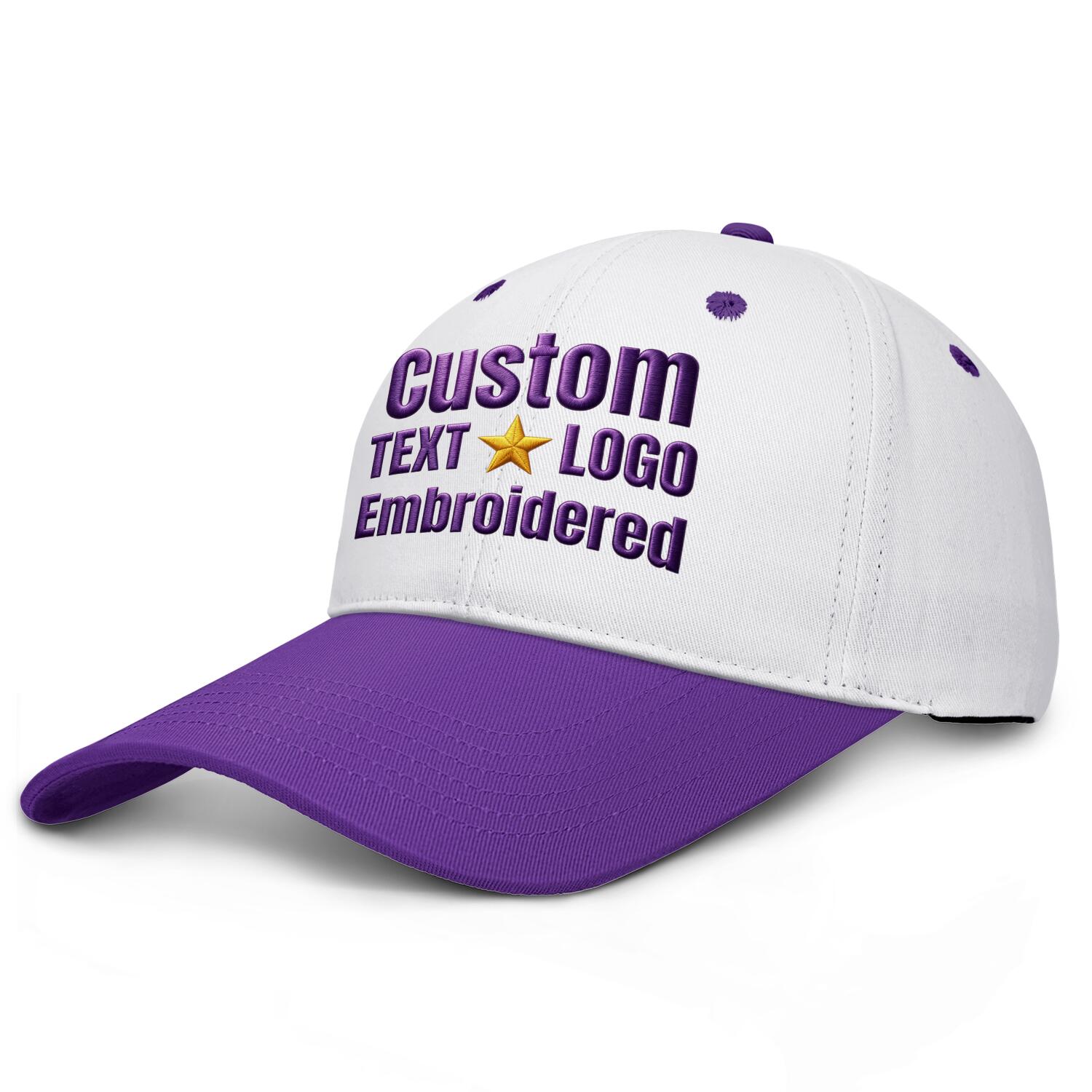 Custom embroidered or printed white & purple deep brim baseball cap by Vosoli | Personalized text & logo | Structured fit