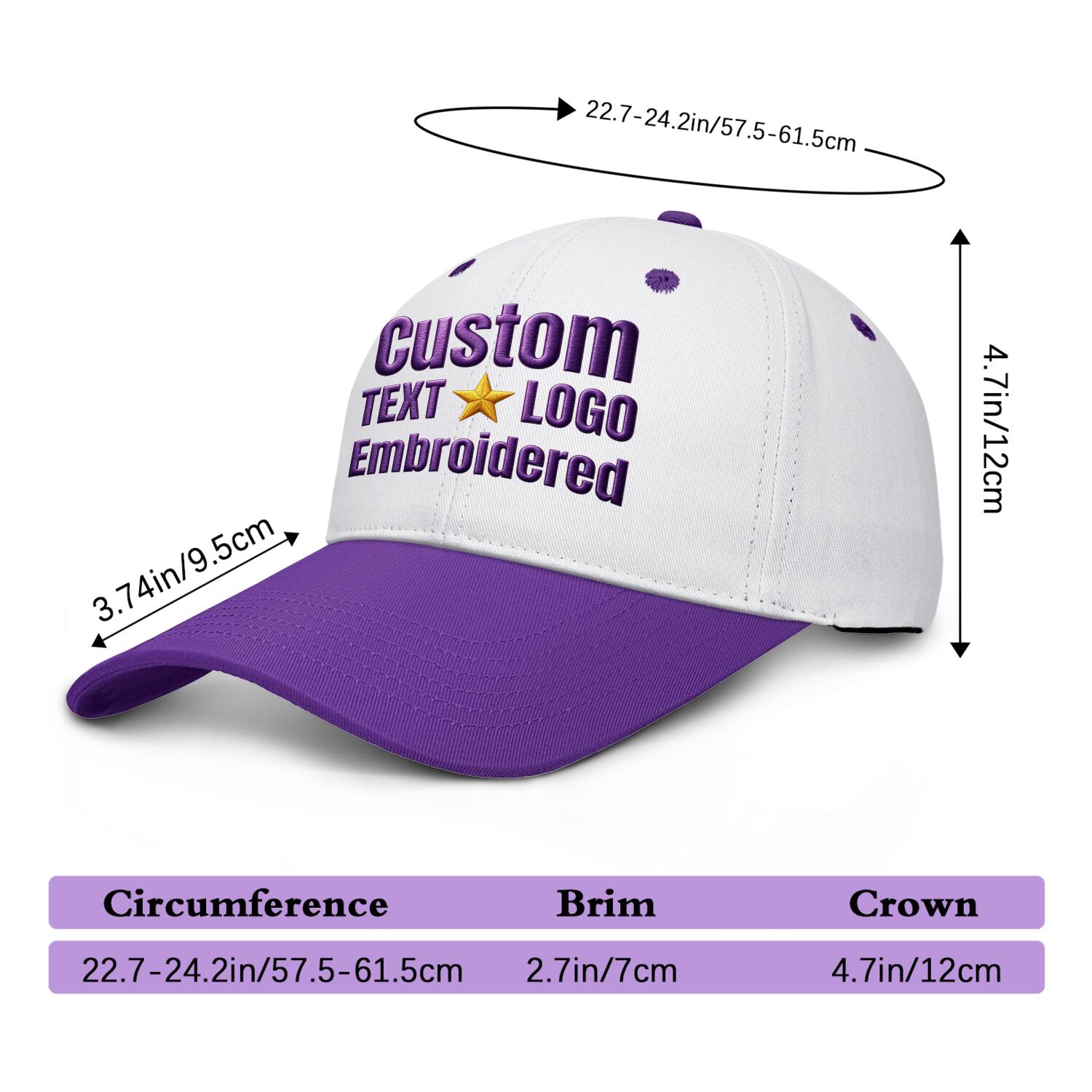 Custom Embroidered or Printed White & Purple Deep Brim Baseball Cap | Personalized Sport Hat