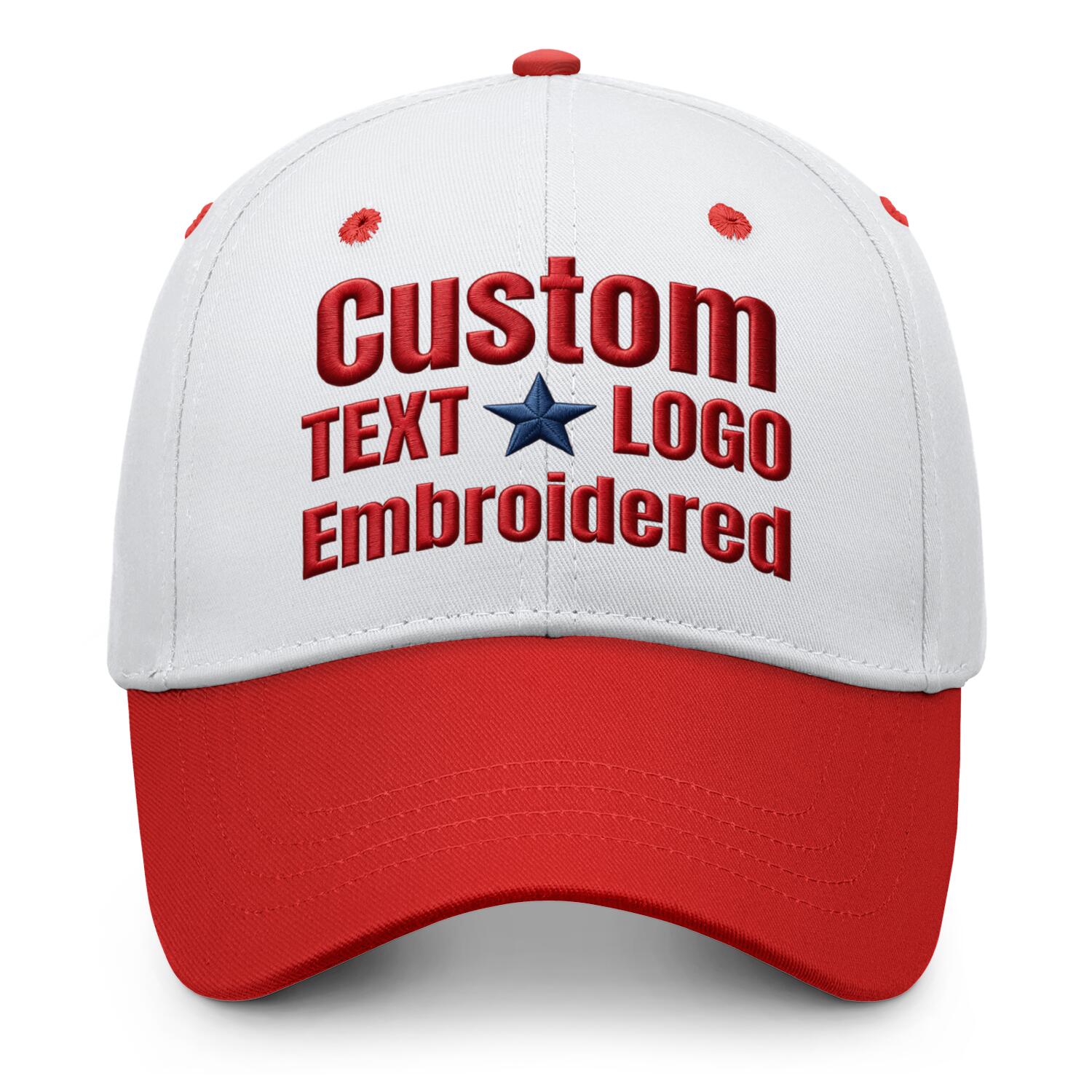 Custom embroidered or printed white & red color block baseball cap by Vosoli | Personalized text & logo | Structured fit