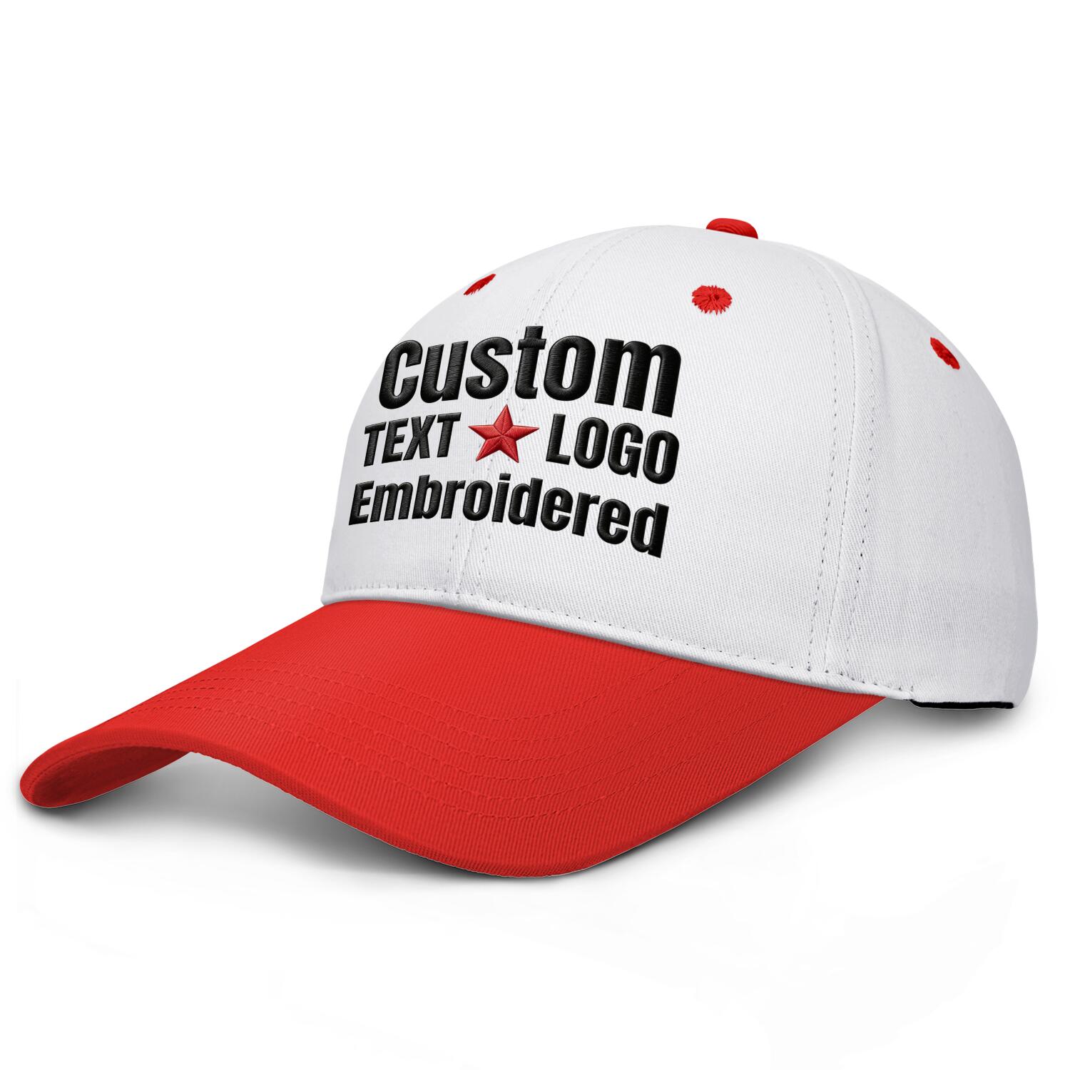 Custom embroidered or printed white & red deep brim baseball cap by Vosoli | Personalized text & logo | Structured fit