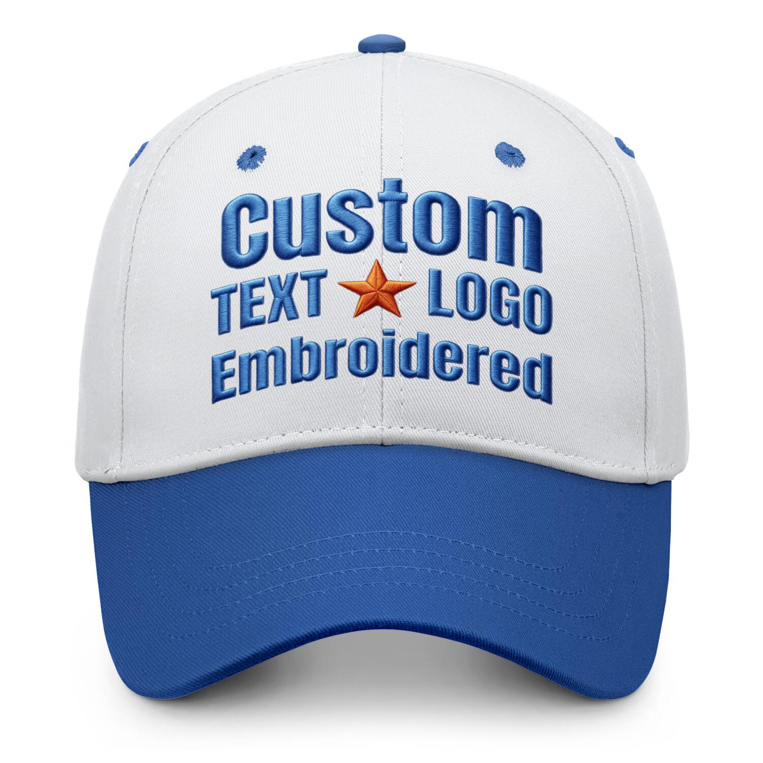 Custom embroidered or printed white & royal blue color block baseball cap by Vosoli | Personalized text & logo | Structured fit
